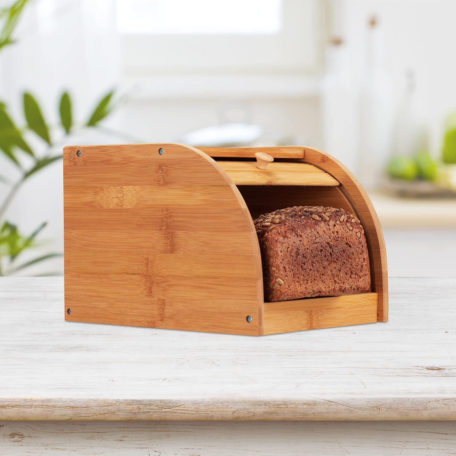 Detalle 1 de Relaxdays 10024208 Bamboo Bread Bin with Rolling Front Lid, Natural