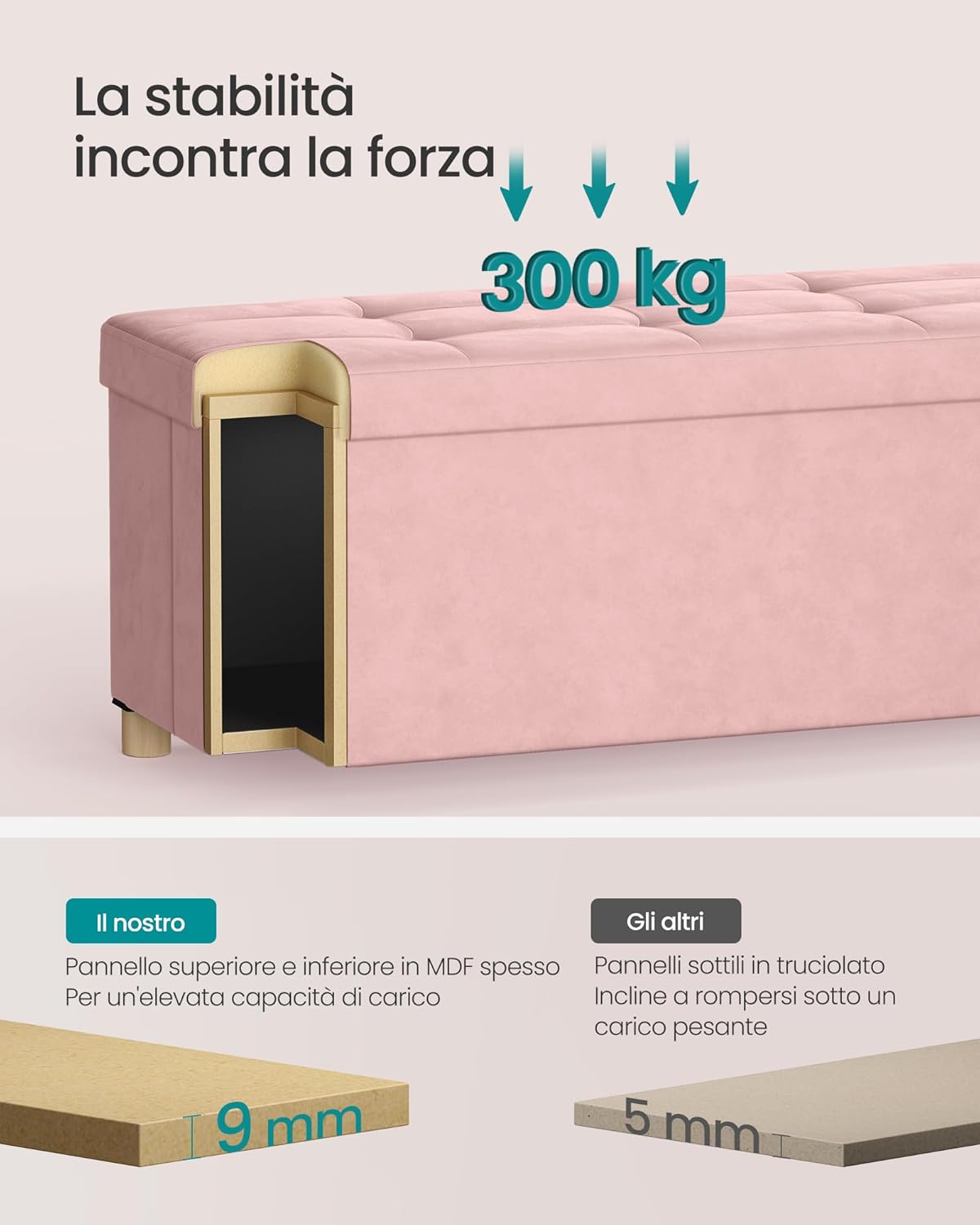 Detalle de Songmics Pouf contenitore cassapanca pieghevole LSF0517R01 in velluto rosa pastello, 77 L