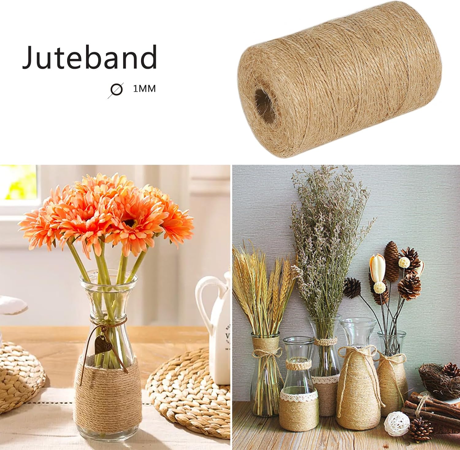 Detalle 2 de Garten Juteschnur 1 mm (500 m) – Naturfaser-Bindegarn auf Pappspule zum Basteln & Garteneinsatz