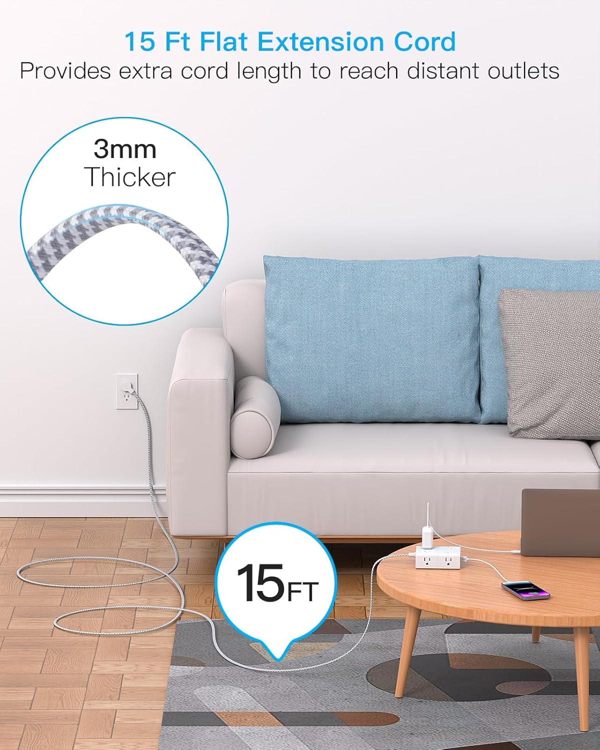 Thumbnail 1 de One Beat OB48AC2MX Power Bar, 15 ft Flat Braided Cord, 8 Outlets and 4 USB Ports
