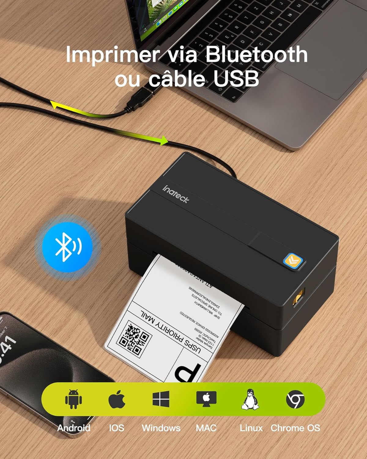 Thumbnail 1 de Inateck imprimante d’étiquettes thermiques mobiles sans fil 4 x 6 pour colis d’expédition (noir)