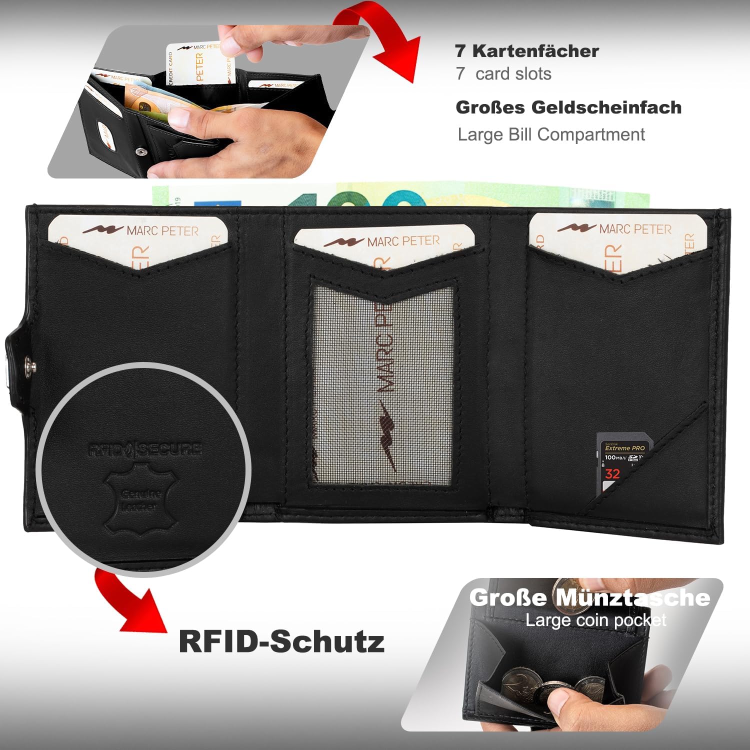 Detalle de Marc Peter Jupiter AirTag Leder-Geldbörse mit RFID-Schutz – Mini-Portemonnaie für bis zu 11 Karten