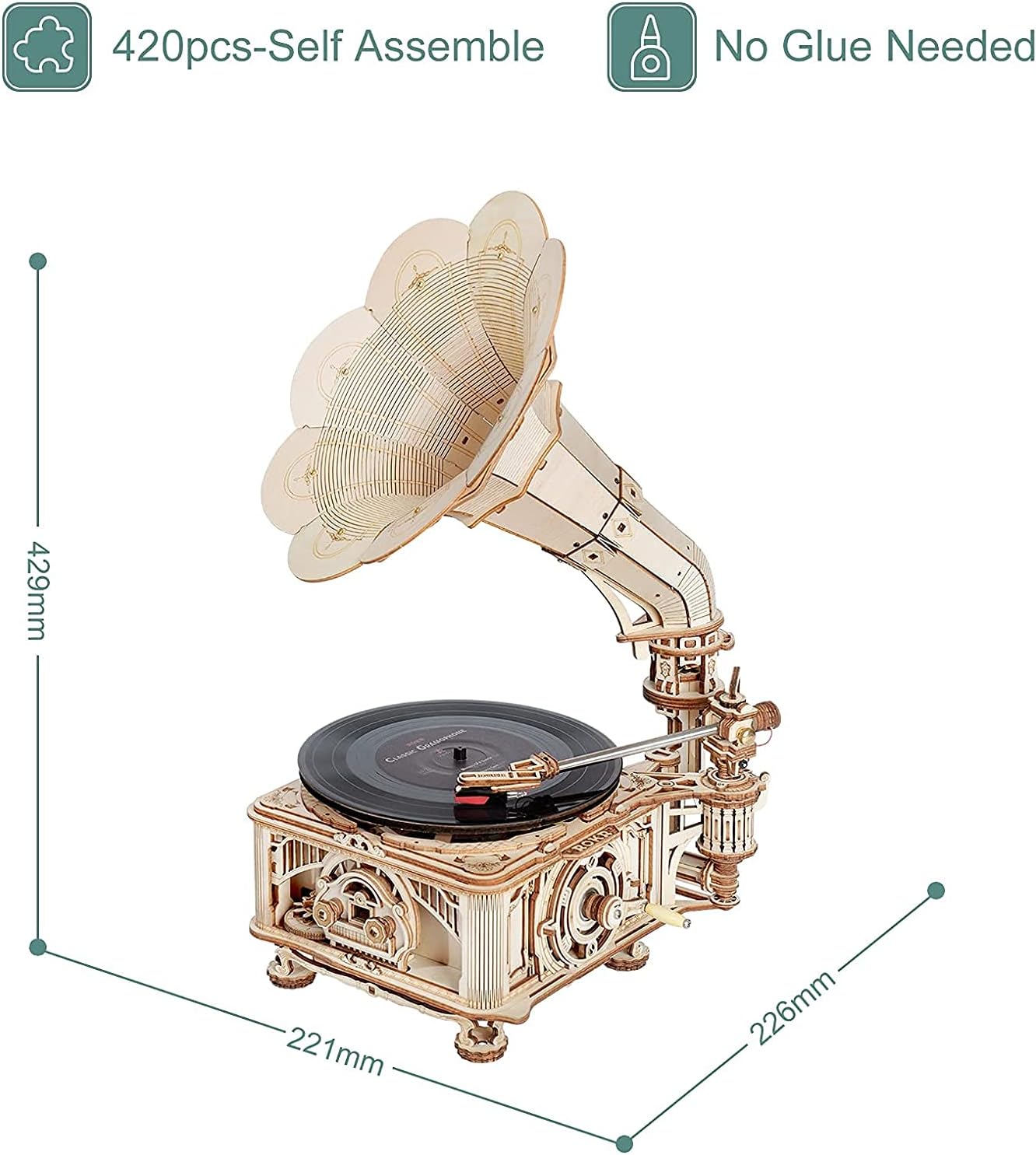 Detalle de ROKR Puzzle 3D in legno LKB01D – grammofono classico da costruire con modalità automatica e manuale