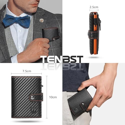 Detalle de TENBST Carteras para Hombre | Tarjetero con Monedero y Bloqueo RFID en fibra de carbono naranja-negro