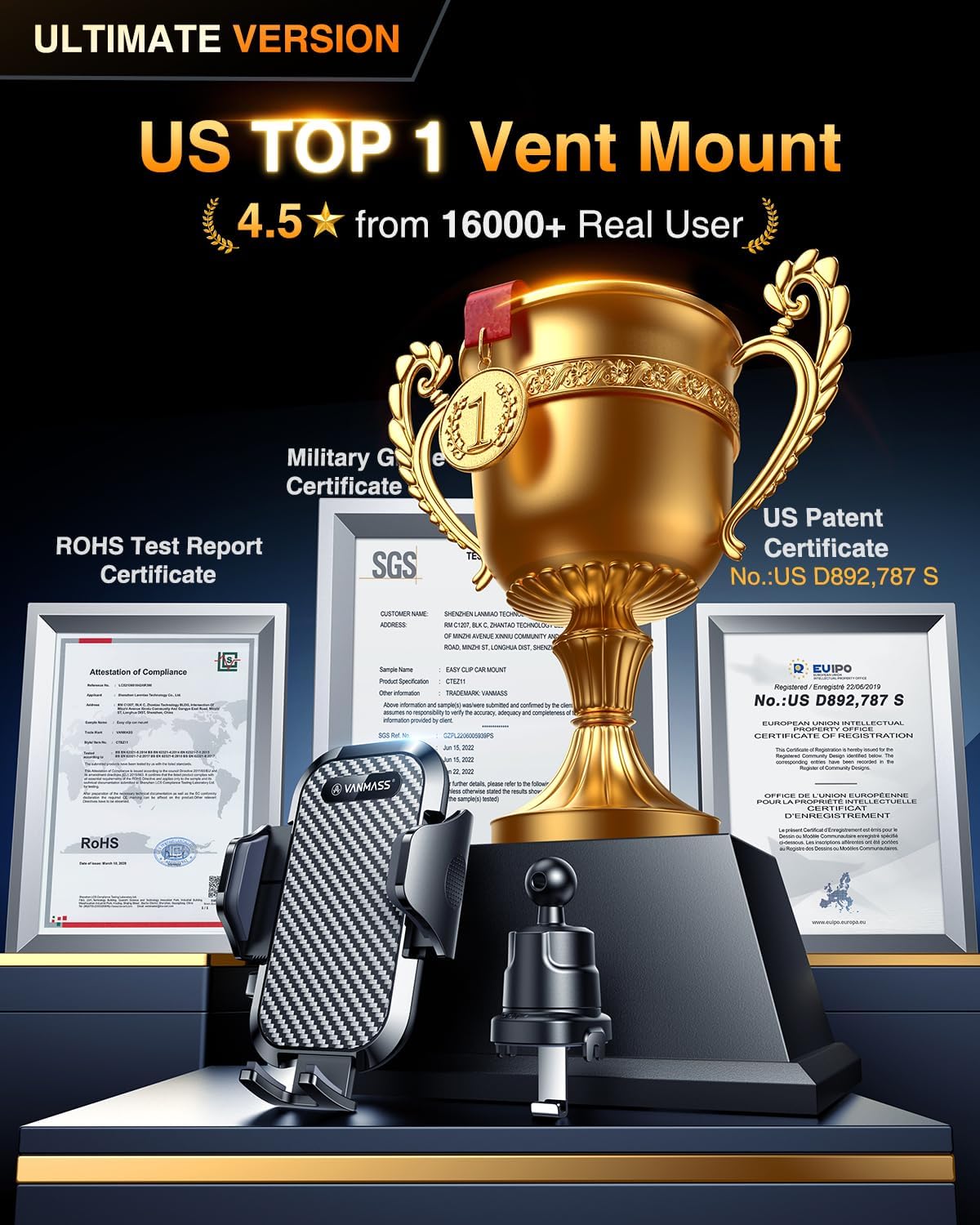 Detalle de VANMASS Car Phone Mount, 0.6-Inch Case Clearance