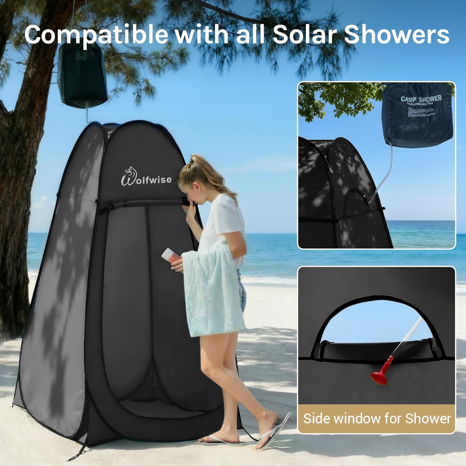 Detalle 2 de Wolfwise Pop Up Shower Tent for Camping (Instant Privacy Changing & Toilet Enclosure) – Portable Instant Setup, Ventilation Window