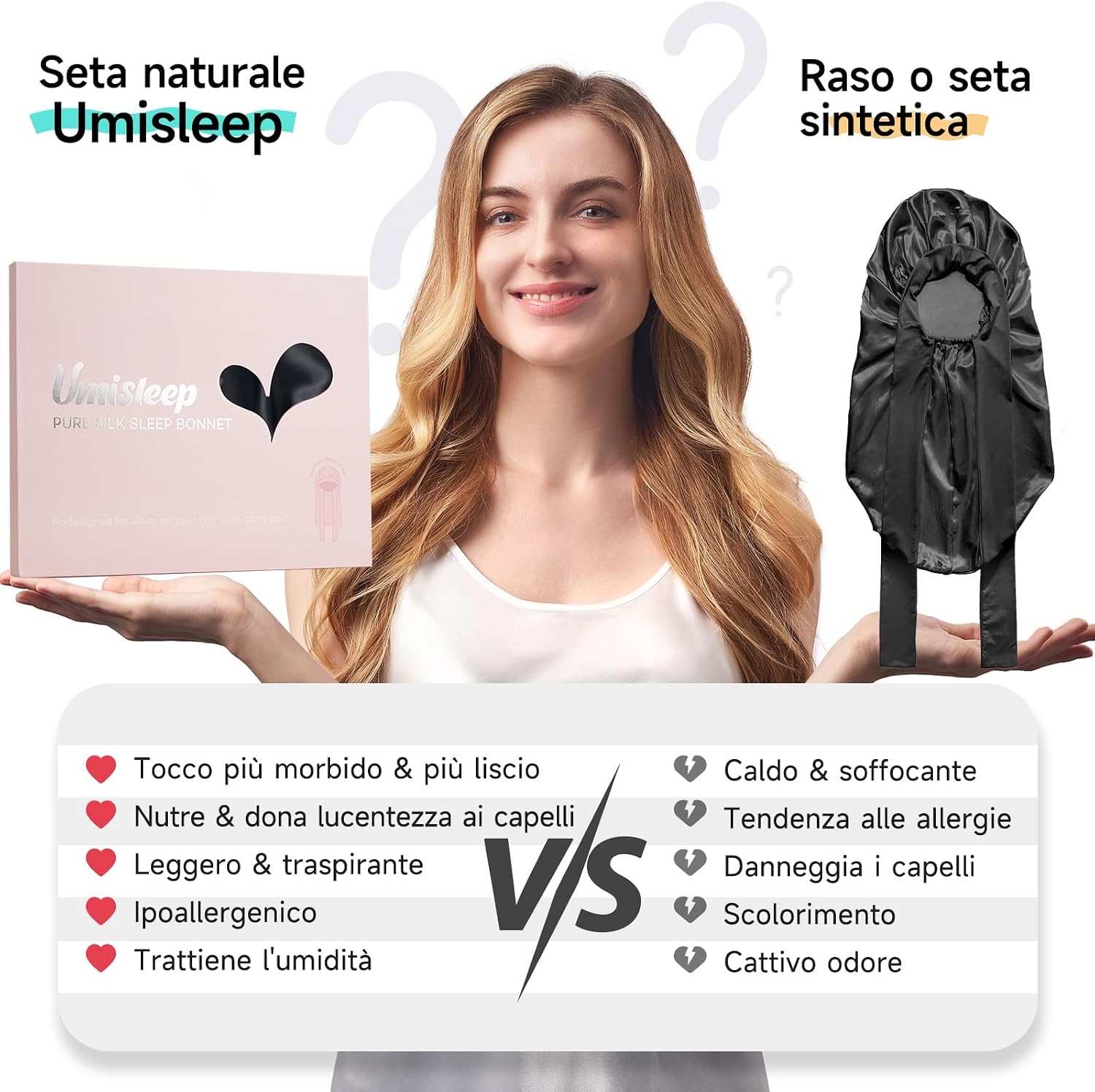 Detalle de Umisleep 22 Momme: cuffia in seta di gelso doppiamente rifinita per capelli voluminosi
