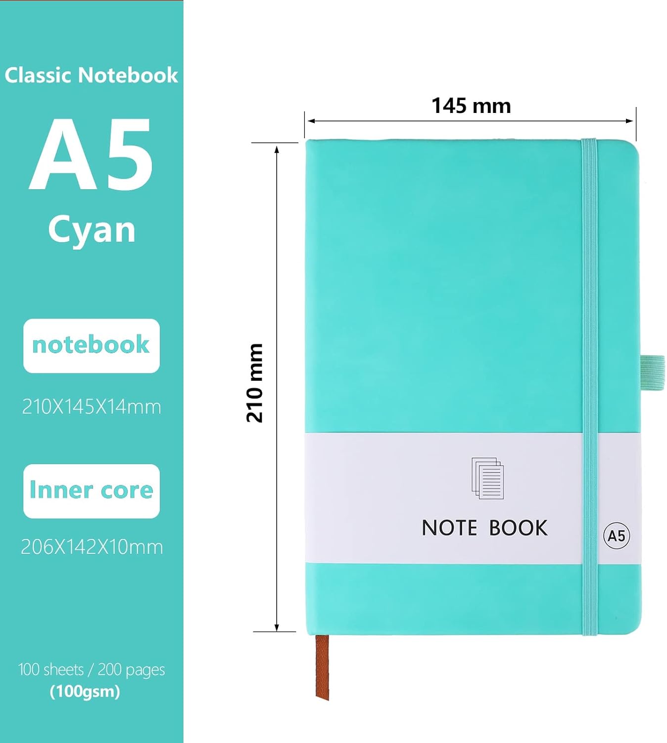 Thumbnail 1 de A5 Notebook 2-Pack (Hardback) with Elastic Closure, Bookmark, Pen Loop — Black + Cyan