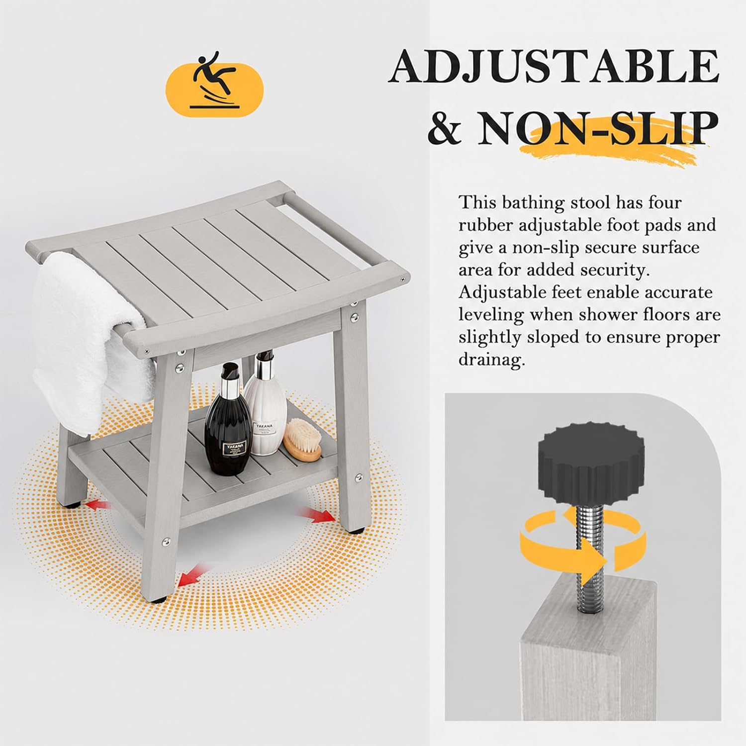 Thumbnail 5 de WISHCII HIPS Shower Bench Seat, Grey Shower Chair with Towel Rack and Storage Shelf