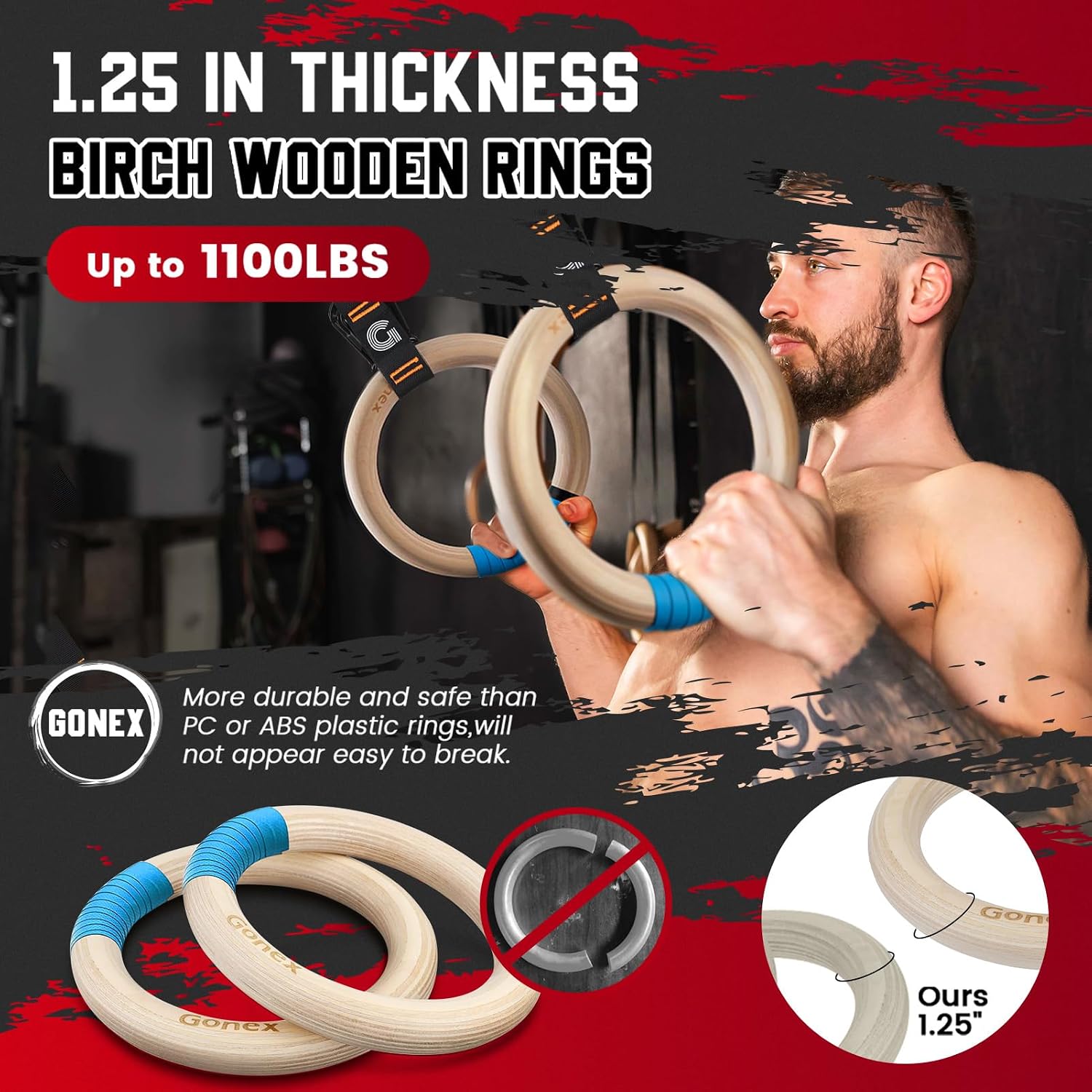 Detalle 2 de Gonex wooden gymnastic rings, birch wood