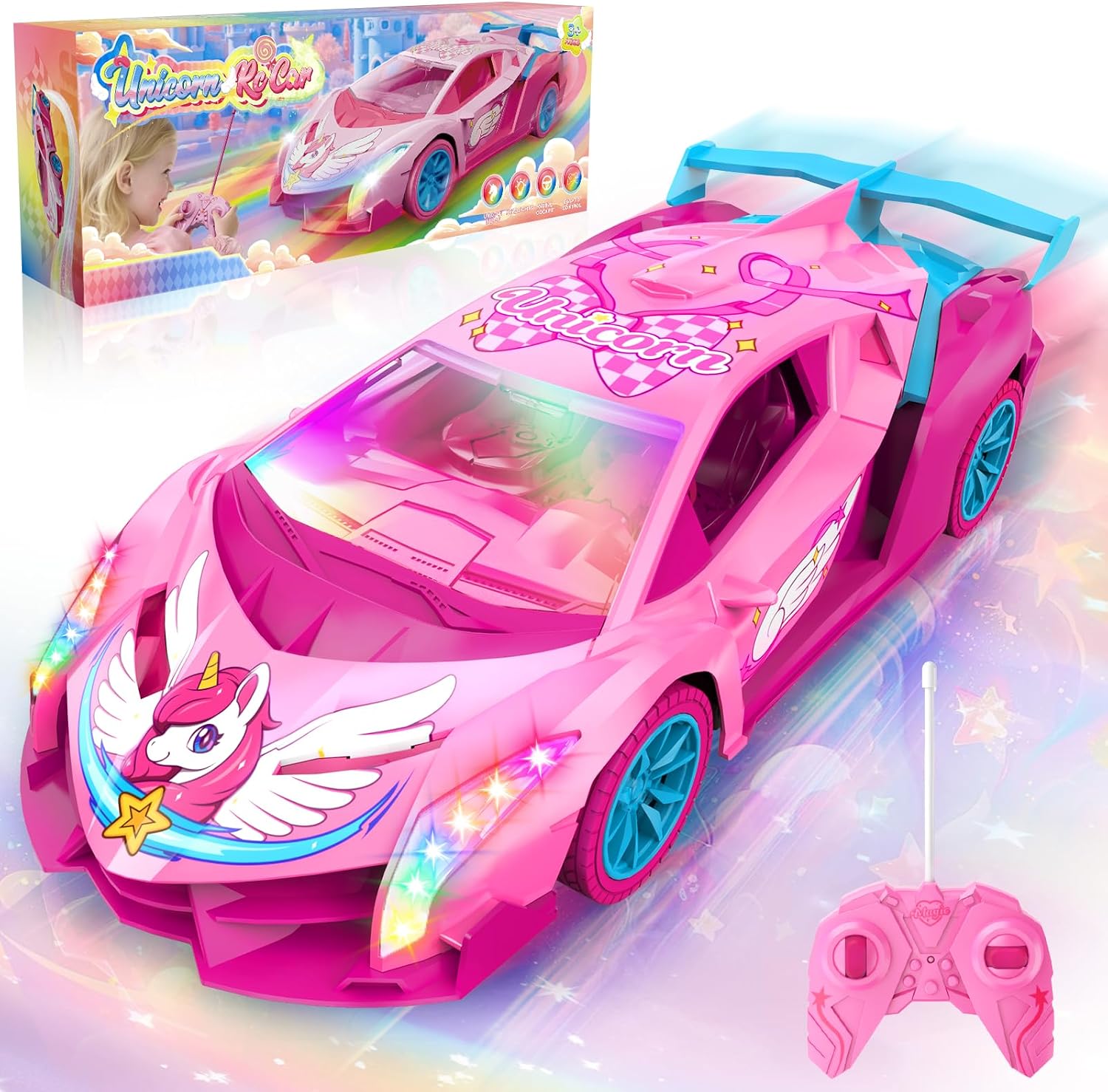 Detalle de Ferngesteuertes Einhorn Auto 1:18 mit bunten Lichtern, 2,4 GHz – geeignet für Mädchen ab 3 Jahren