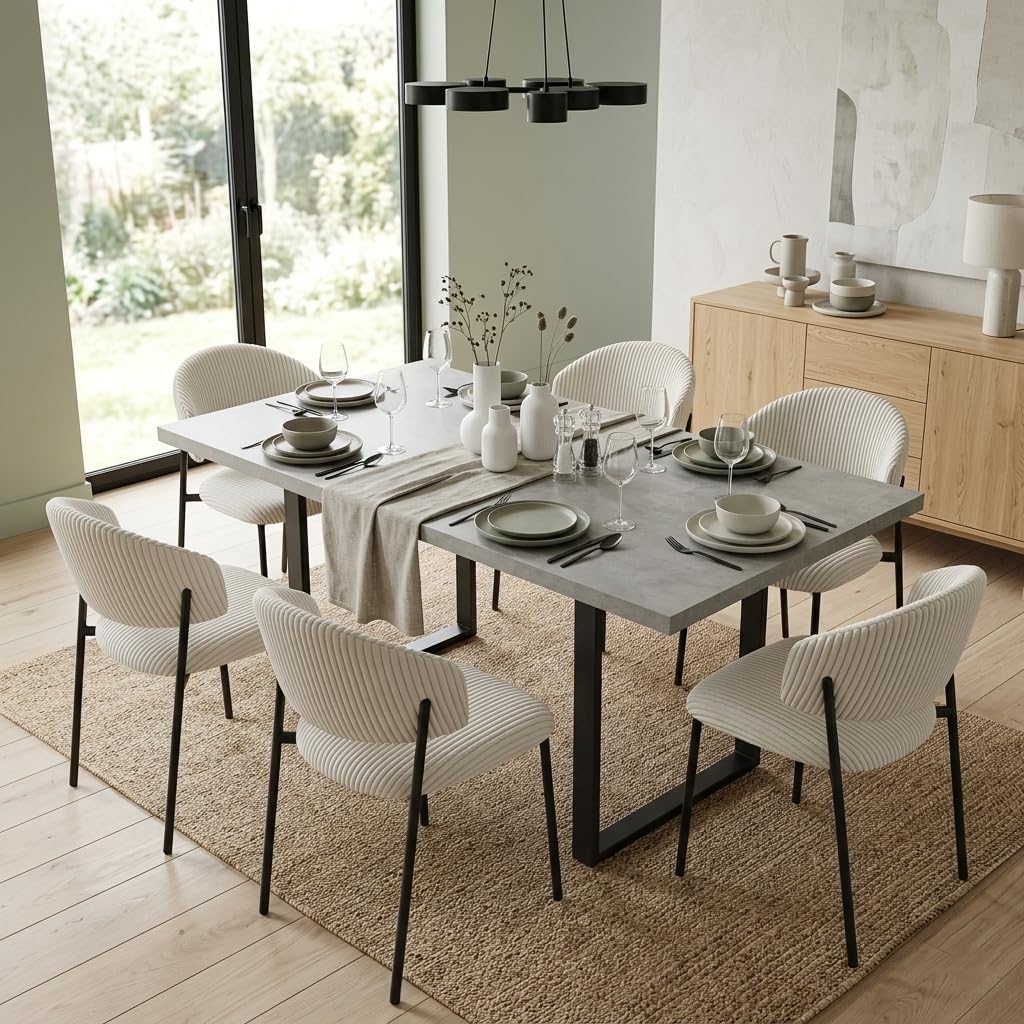 Detalle de JIEXI J15+JD8483 matbordsset, utdragbart 130–170 cm med 6 vita manchesterstolar