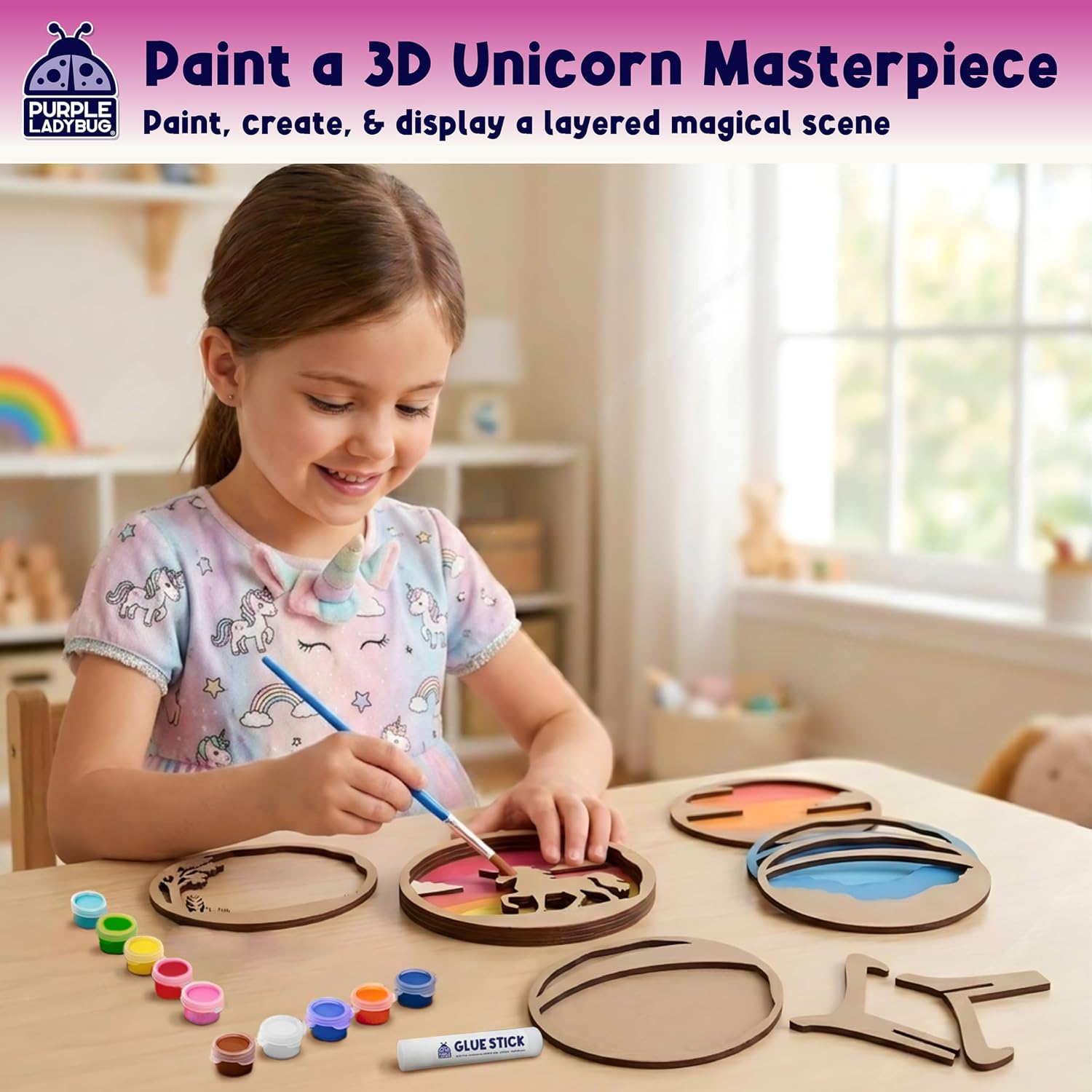 Detalle de PURPLE LADYBUG Unicorn 3D Painting Wooden Craft Kit for Kids