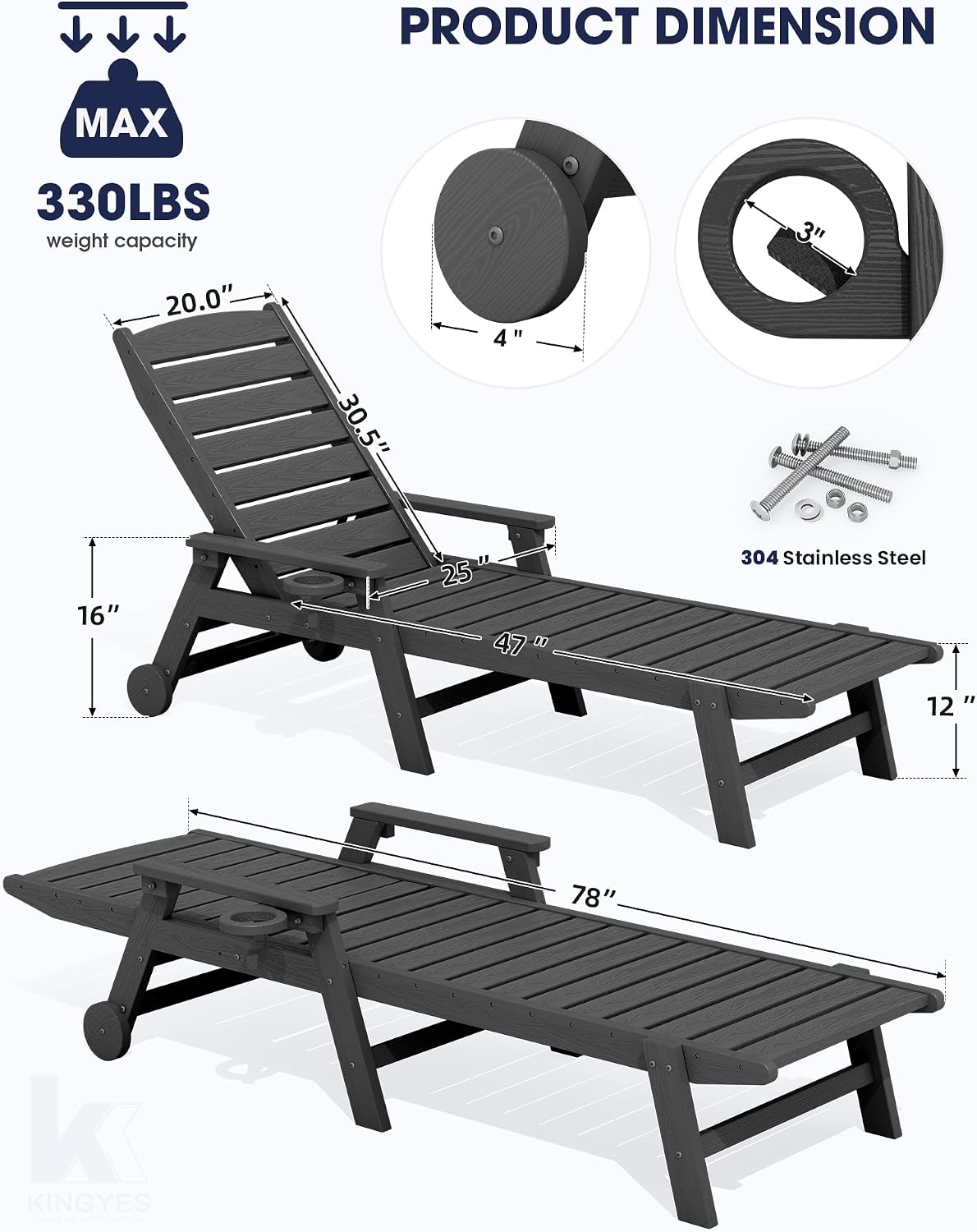 Detalle de KINGYES A041-086 Outdoor Lounge Chair Set of 4, HDPE, 5-Position Backrest