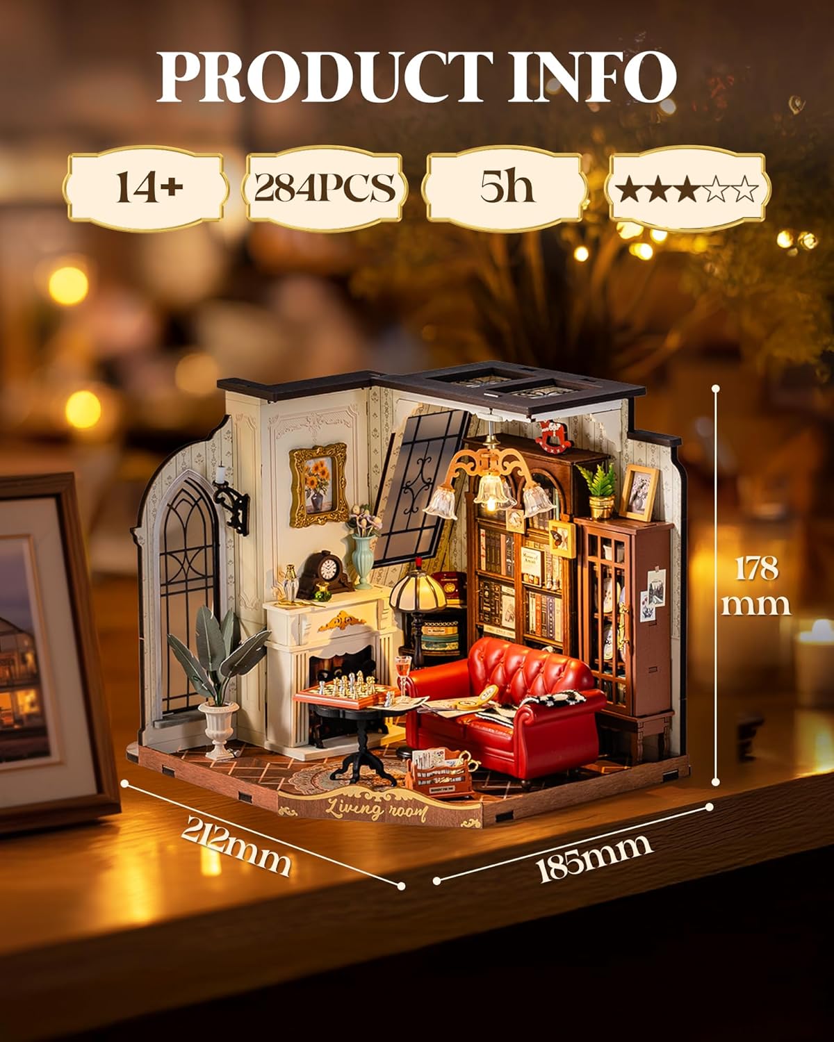 Detalle de Robotime Miniaturhaus-Bausatz Catherine’s Living Room – Puppenhaus aus Holz mit LED-Licht
