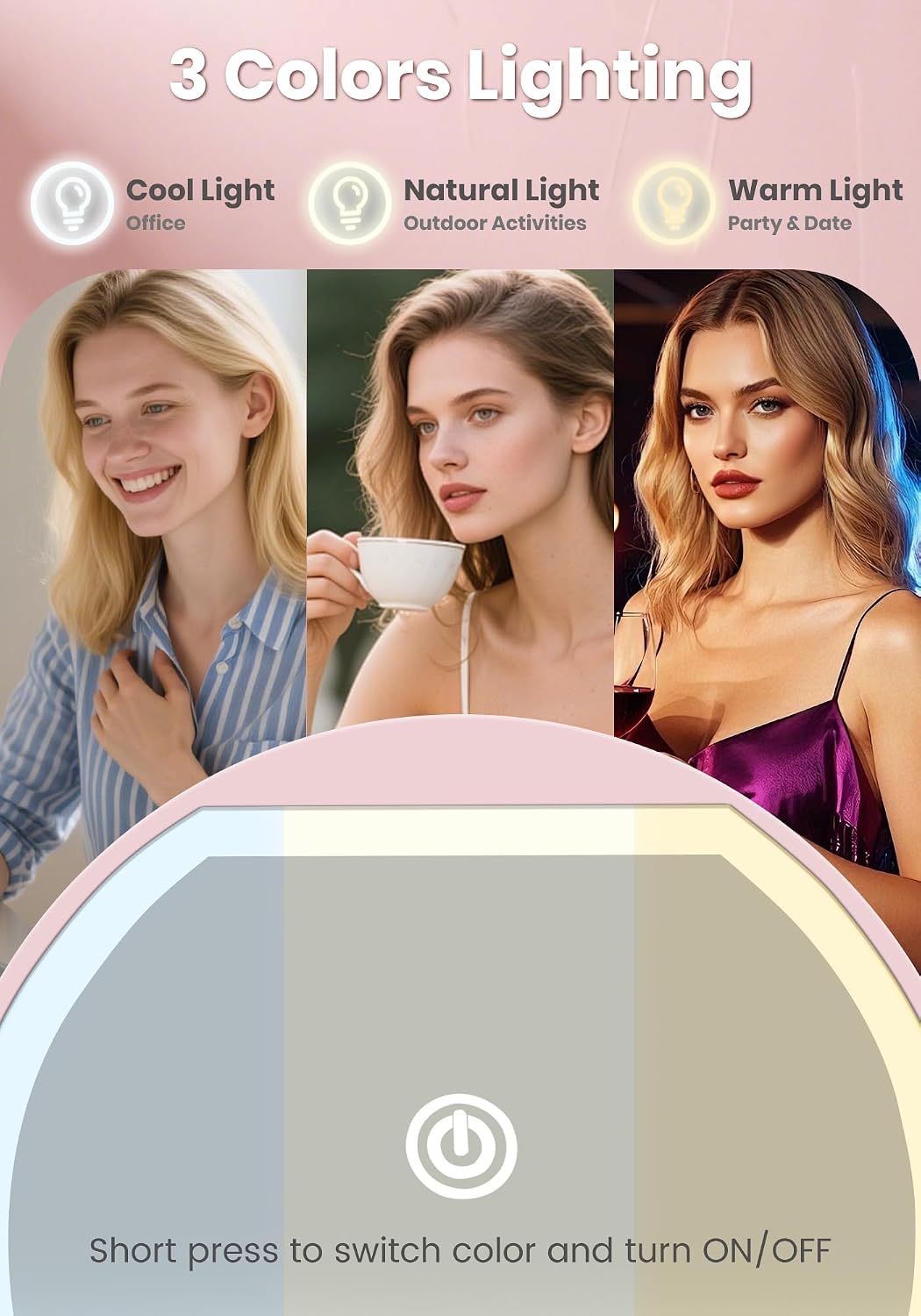 Detalle de SisKokoro 40X Rechargeable Compact Lighted Makeup Mirror, 3 Modes, Pink