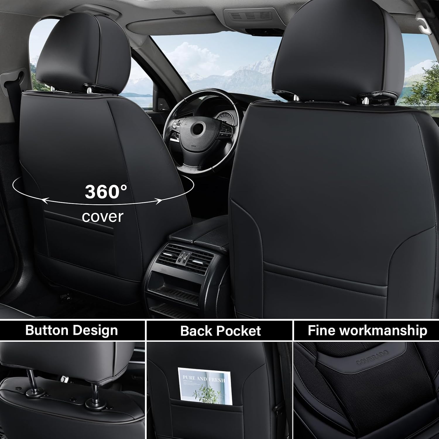 Detalle de Coverado Front and Back Seat Covers (5-Piece Universal Set) with Breathable Fabric & Leatherette