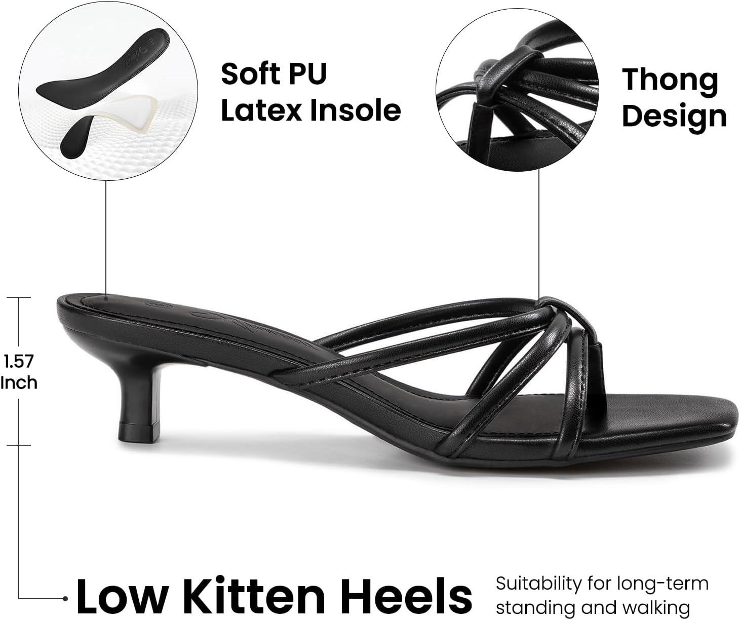 Detalle 2 de Athlefit Kitten Heels for Women Square Toe Strappy Thong Slip-On Sandals
