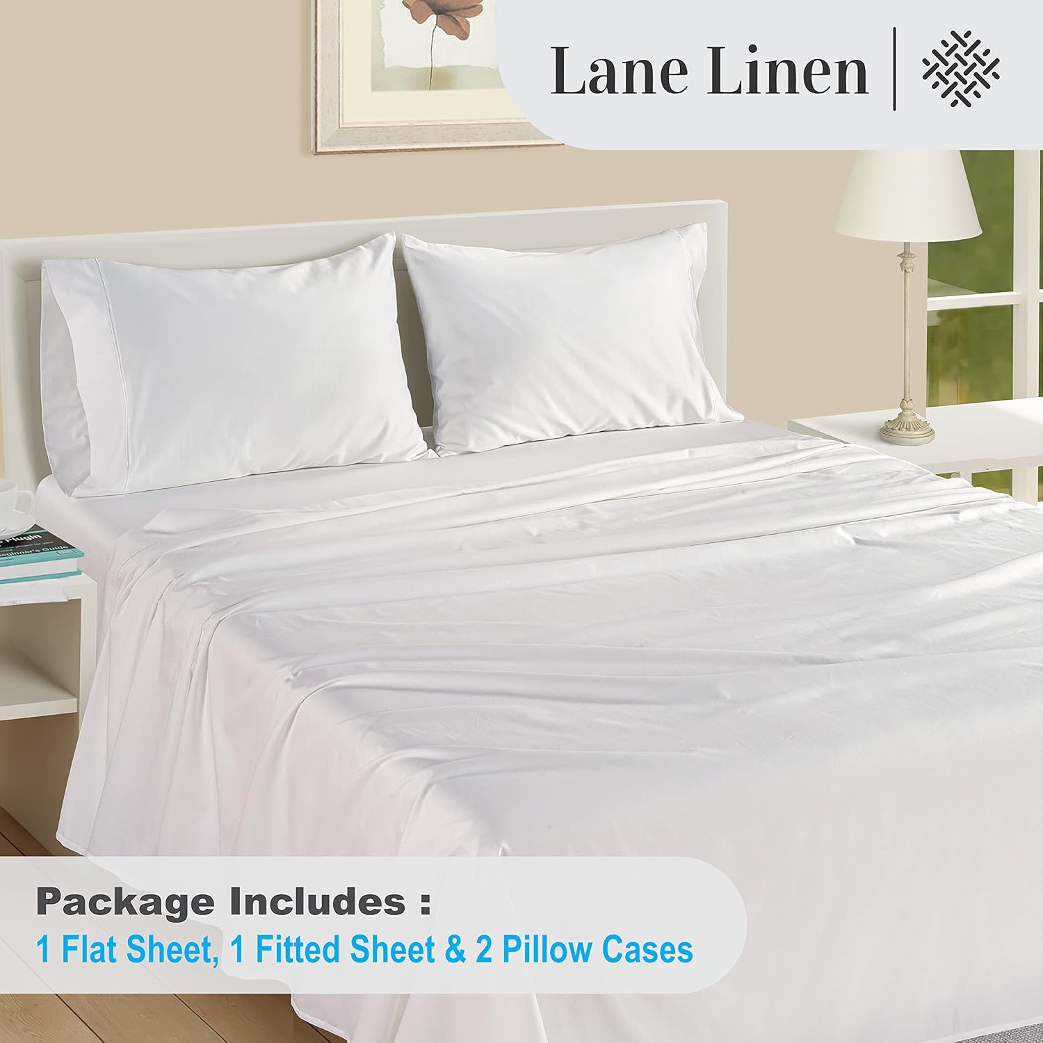 Thumbnail 3 de LANE LINEN 100% Egyptian Cotton Sheets, Queen 4-Piece Set, White, 1000 Thread Count