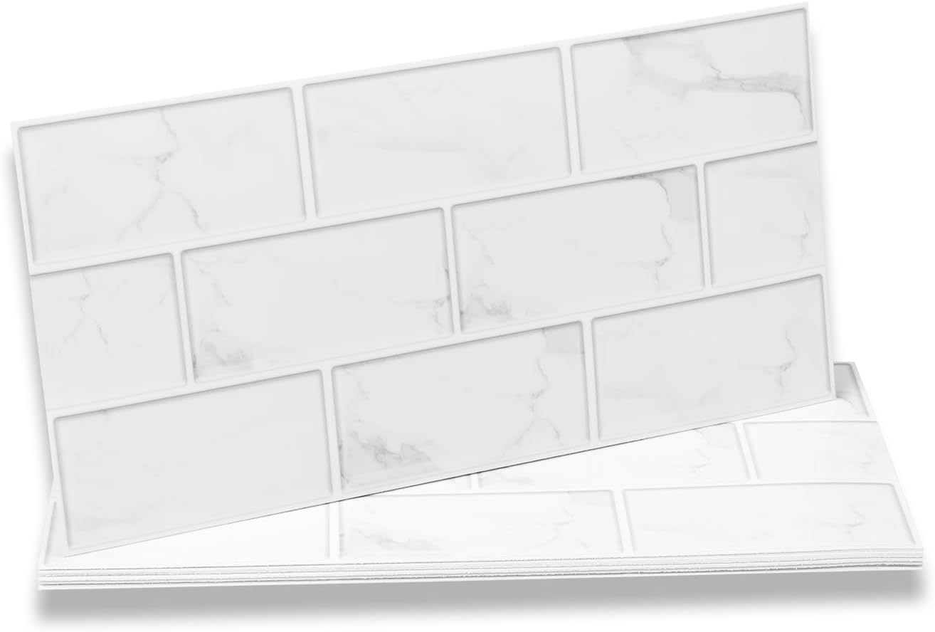 Detalle de Fantasnight White Tile Stickers: Peel-and-Stick Vinyl Tiles for Quick Bathroom and Kitchen Makeovers