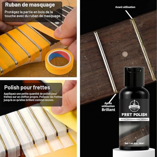 Detalle de DINGSEN Kit Nettoyage pour Guitare, 7 pièces – Nettoyant, Huile, Cire, Coupe-cordes 3-en-1 et Chiffon Microfibre