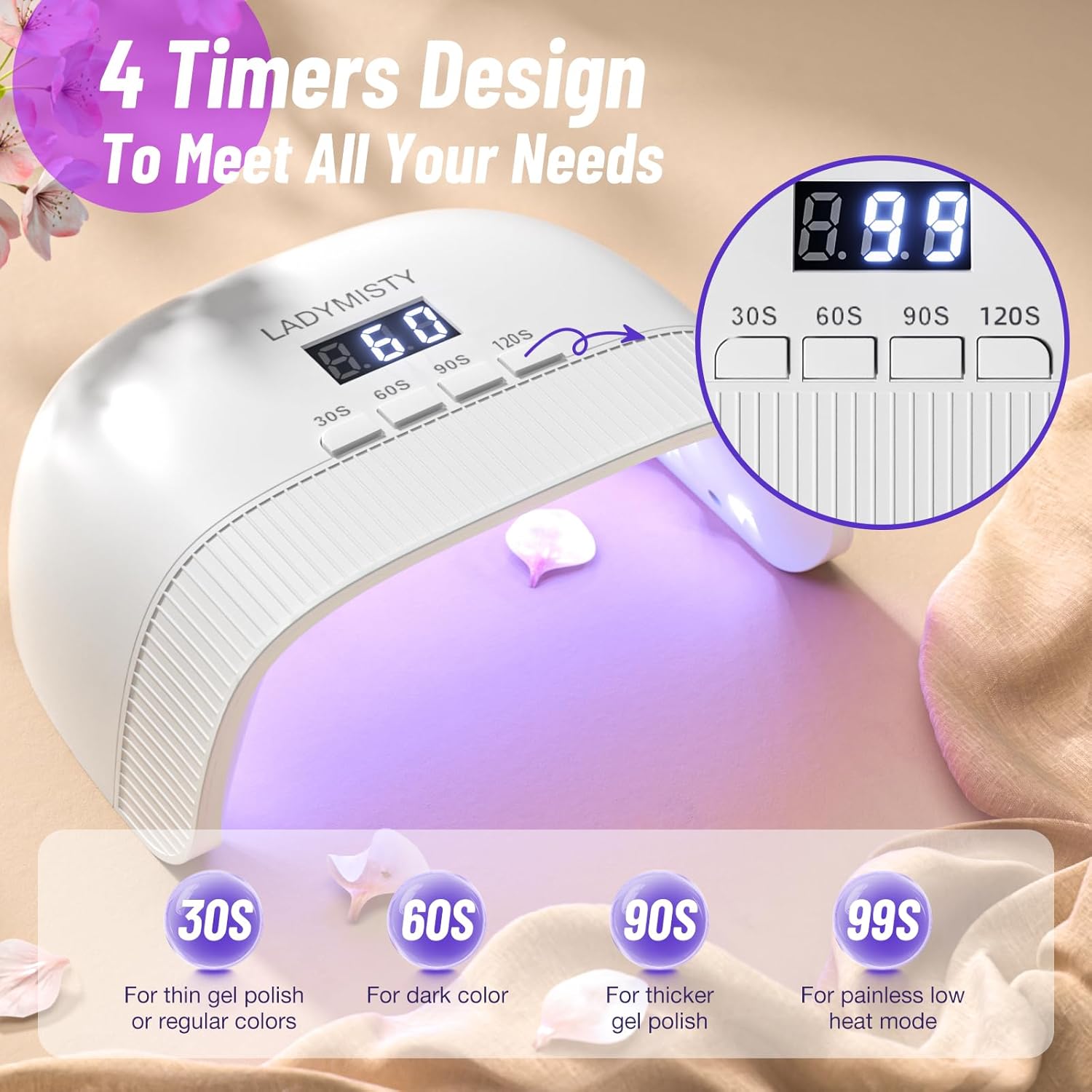 Detalle 2 de LadyMisty UV Lampe Für Gelnägel – 2026 Upgrade, 30 Doppellichtperlen, 4 Timer, LCD-Display, Mattweiß