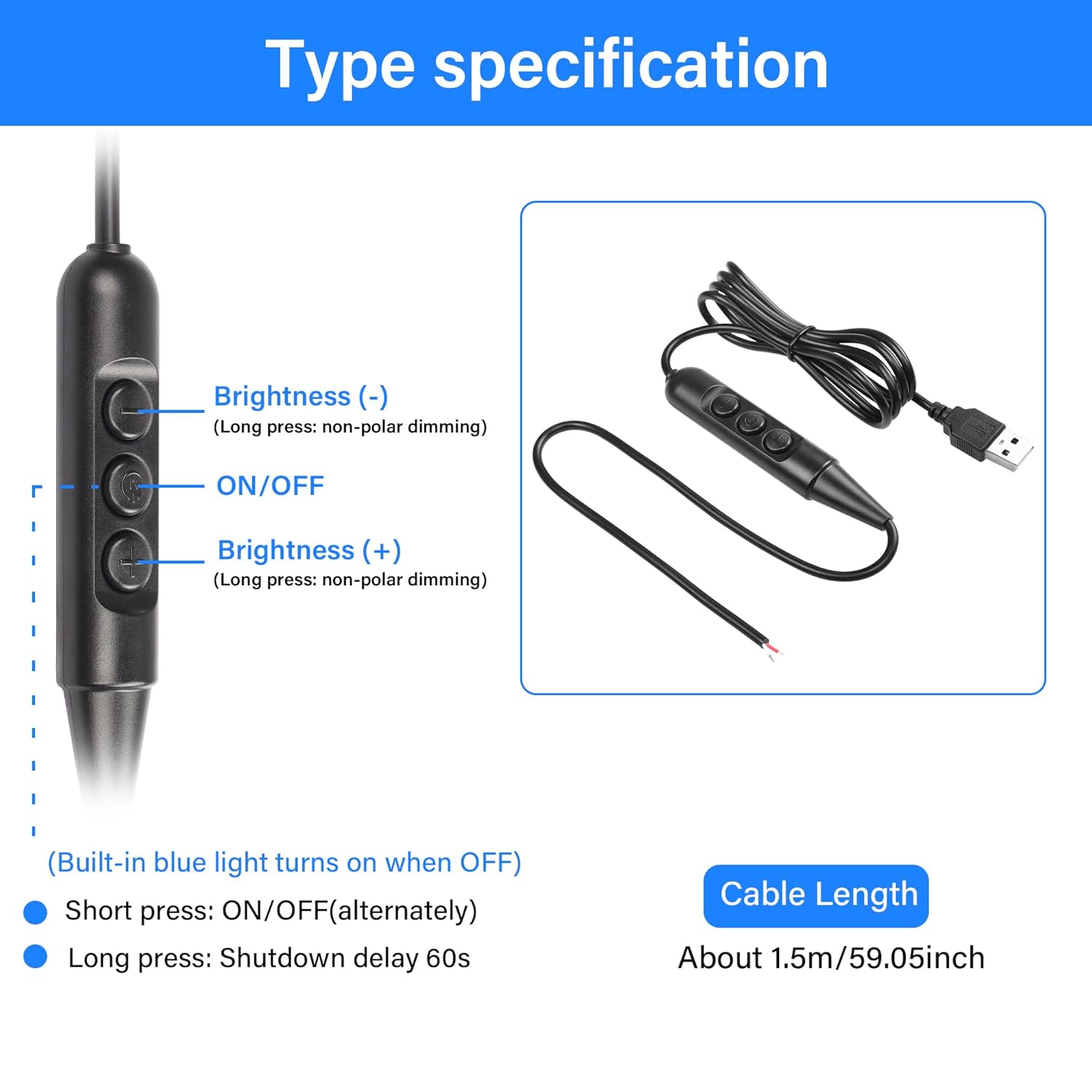 Thumbnail 1 de SinLoon USB 2.0 Inline Dimmer Switch Cable with On/Off USB A Plug to Stripped Ends, 6-Speed Dimmer for 5V Devices (1.5m) – Black