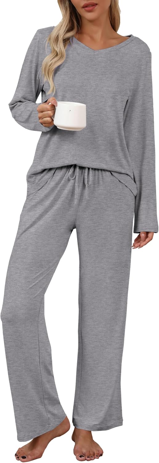 Detalle 2 de Ekouaer Women's 2-Pack Pajama Sets, Long-Sleeve V-Neck Tops and Pants