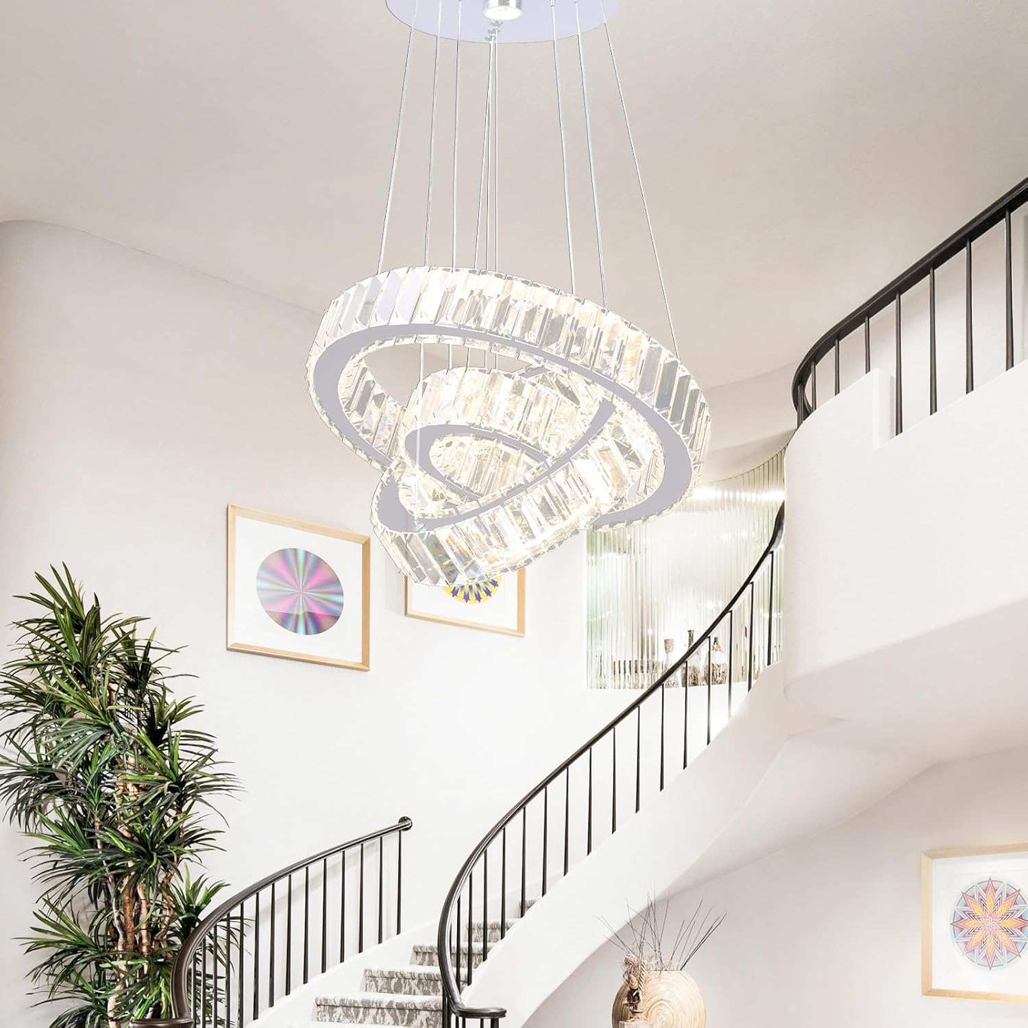 Detalle de YPQXYHDA Adjustable 3 Ring Crystal Pendant Light – Dimmable LED Chandelier with Remote