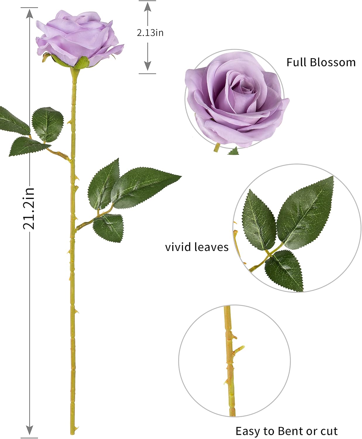 Thumbnail 5 de DuHouse 10x Artificial Lilac Roses (Fake Silk Flowers) with Long Plastic Stems for Wedding & Table Decor