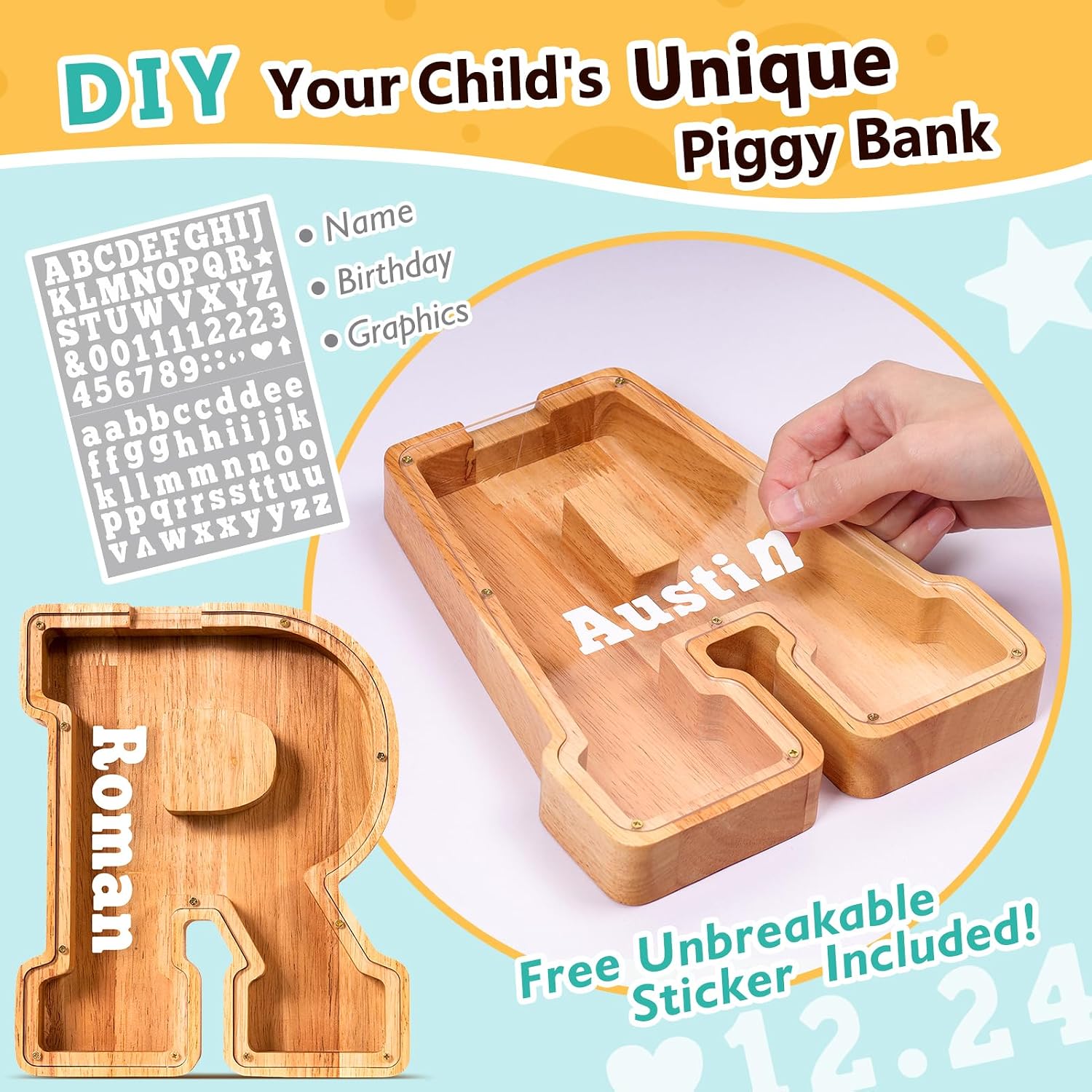 Detalle 1 de SummiDate Hucha Personalizable Letras de Madera para Niños 🐻