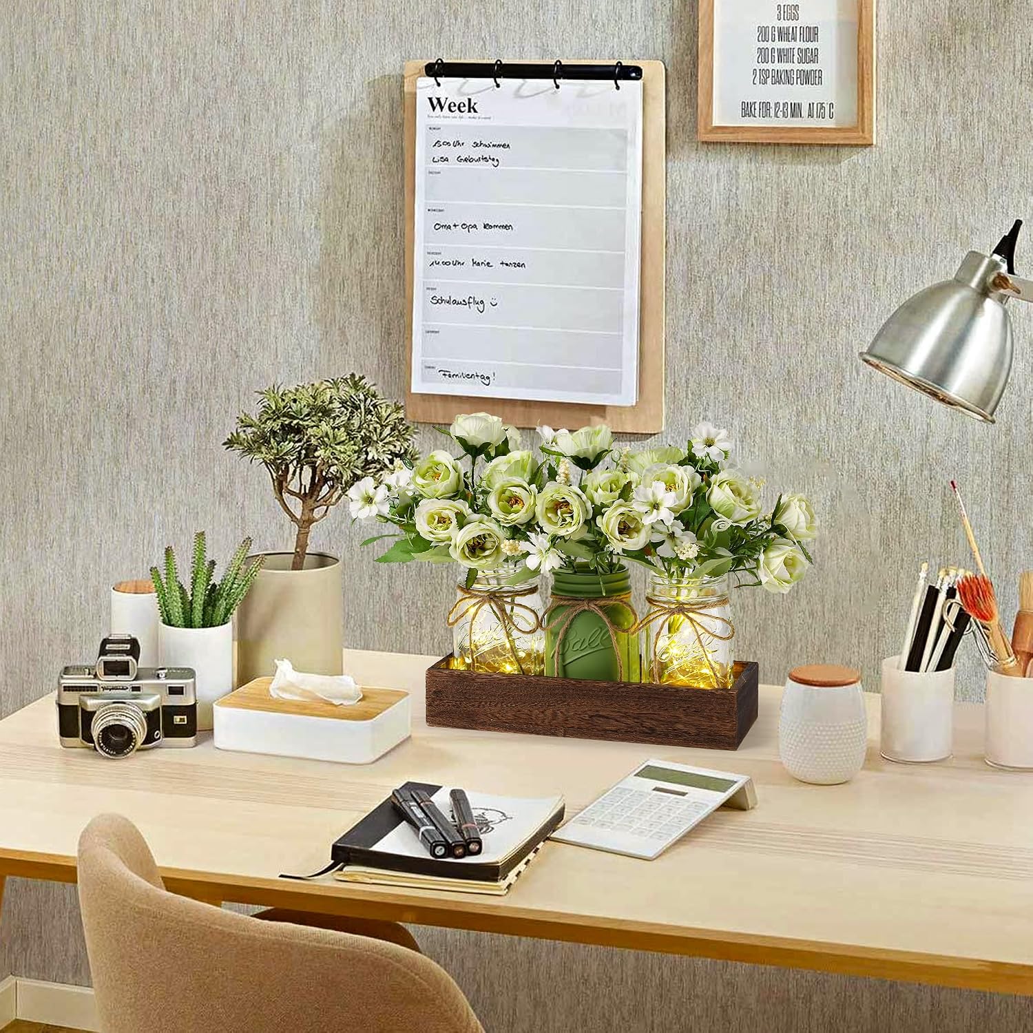 Detalle de DUOER MSG-L Rustic Farmhouse Centerpiece with Wood Tray, Mason Jars & LED Light