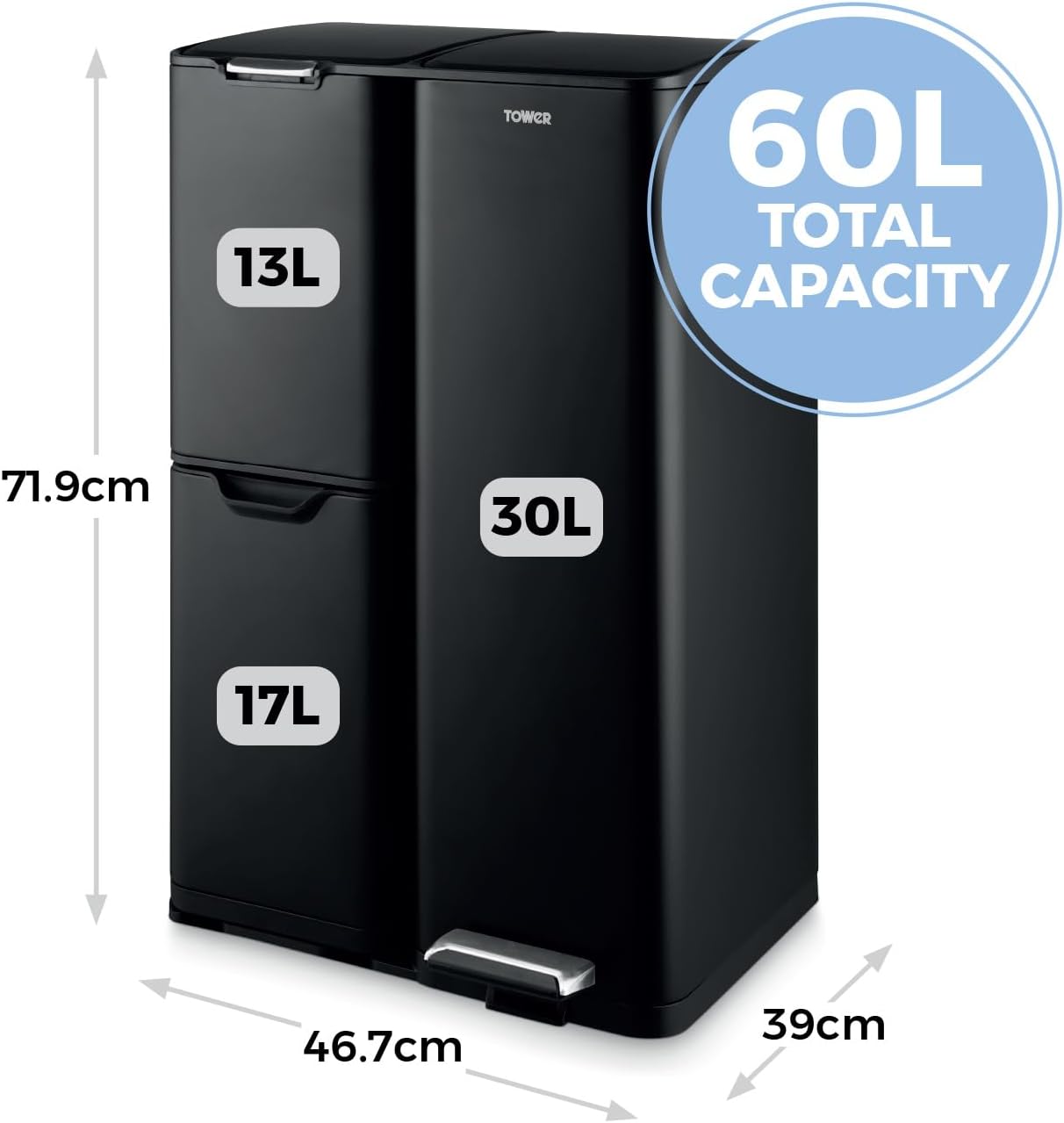 Detalle 2 de Tower 60L Three-Compartment Pedal Recycling Bin (Carbon Steel, Removable Buckets) – Black