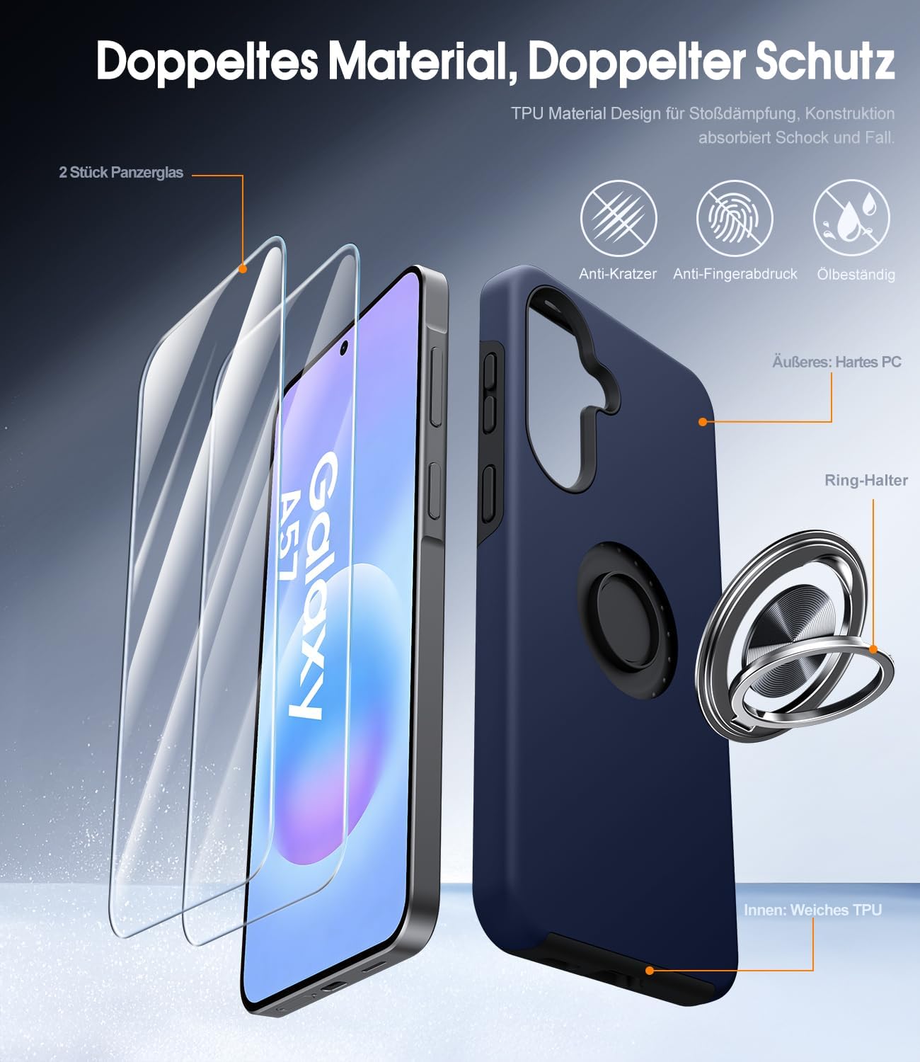Thumbnail 6 de AOUIA Hülle für Samsung Galaxy A57 5G mit 2x Panzerglas – 360° Ring-Ständer, Militärschutz, Blau