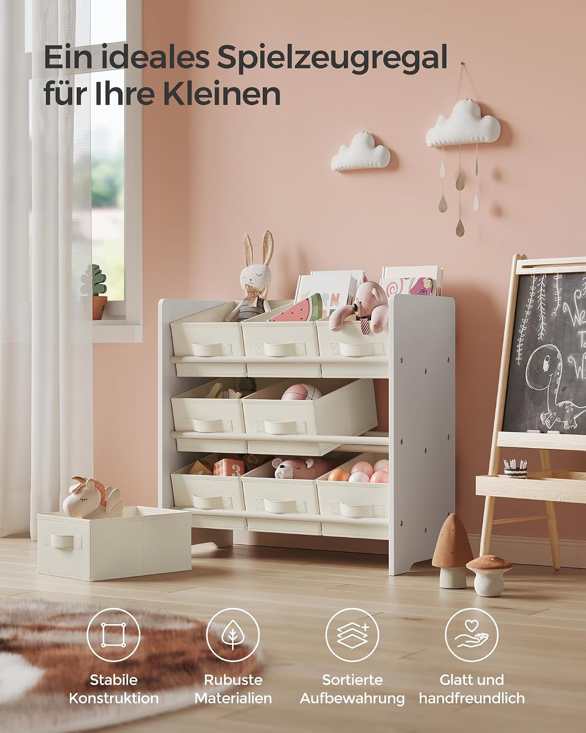Detalle 2 de SONGMICS Kinderregal GKR033W10 mit 9 Aufbewahrungsboxen aus Vliesstoff (29,5 x 62,5 x 60 cm)