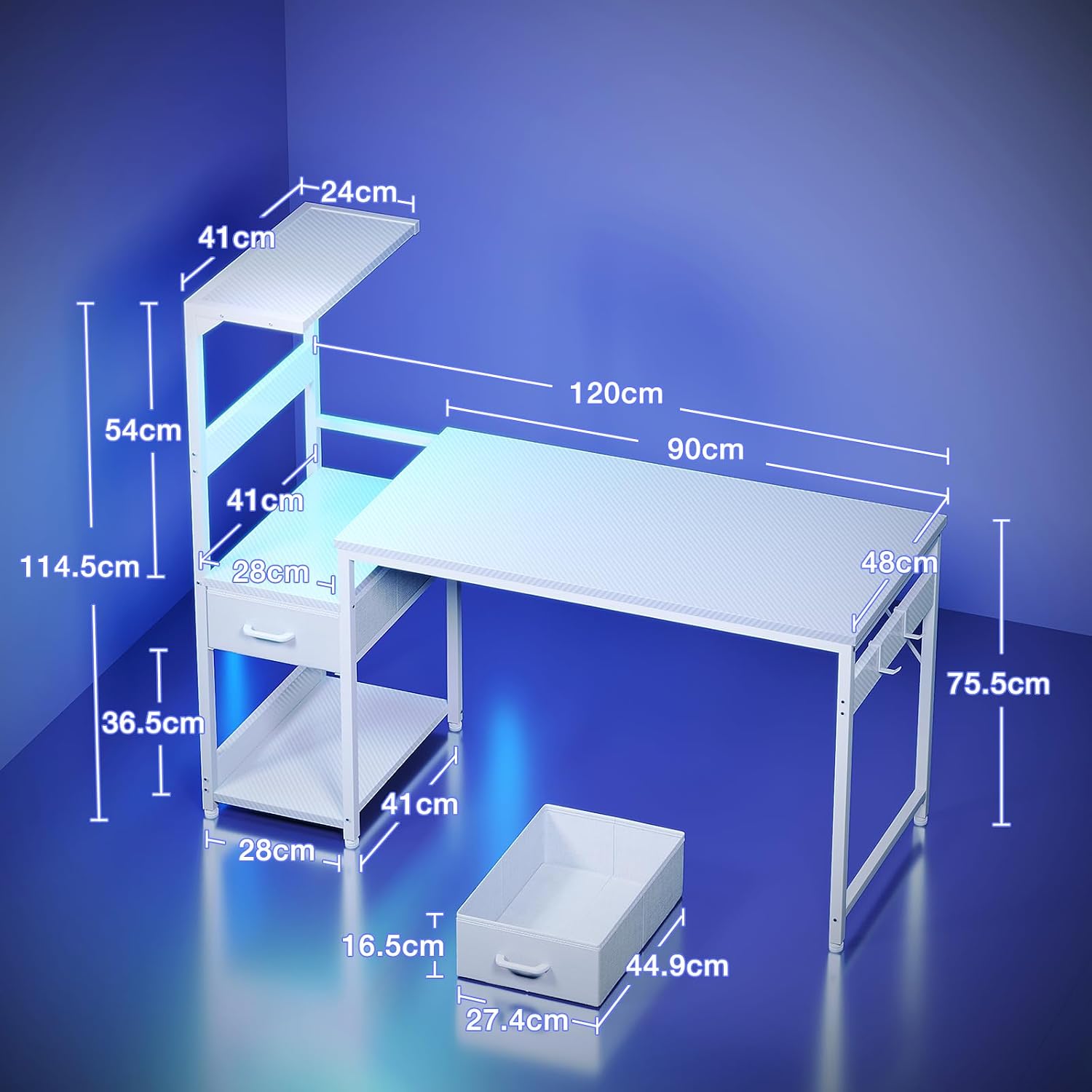 Detalle de Coleshome gamingbord 120 × 48 cm med RGB-belysning och vändbar hylla