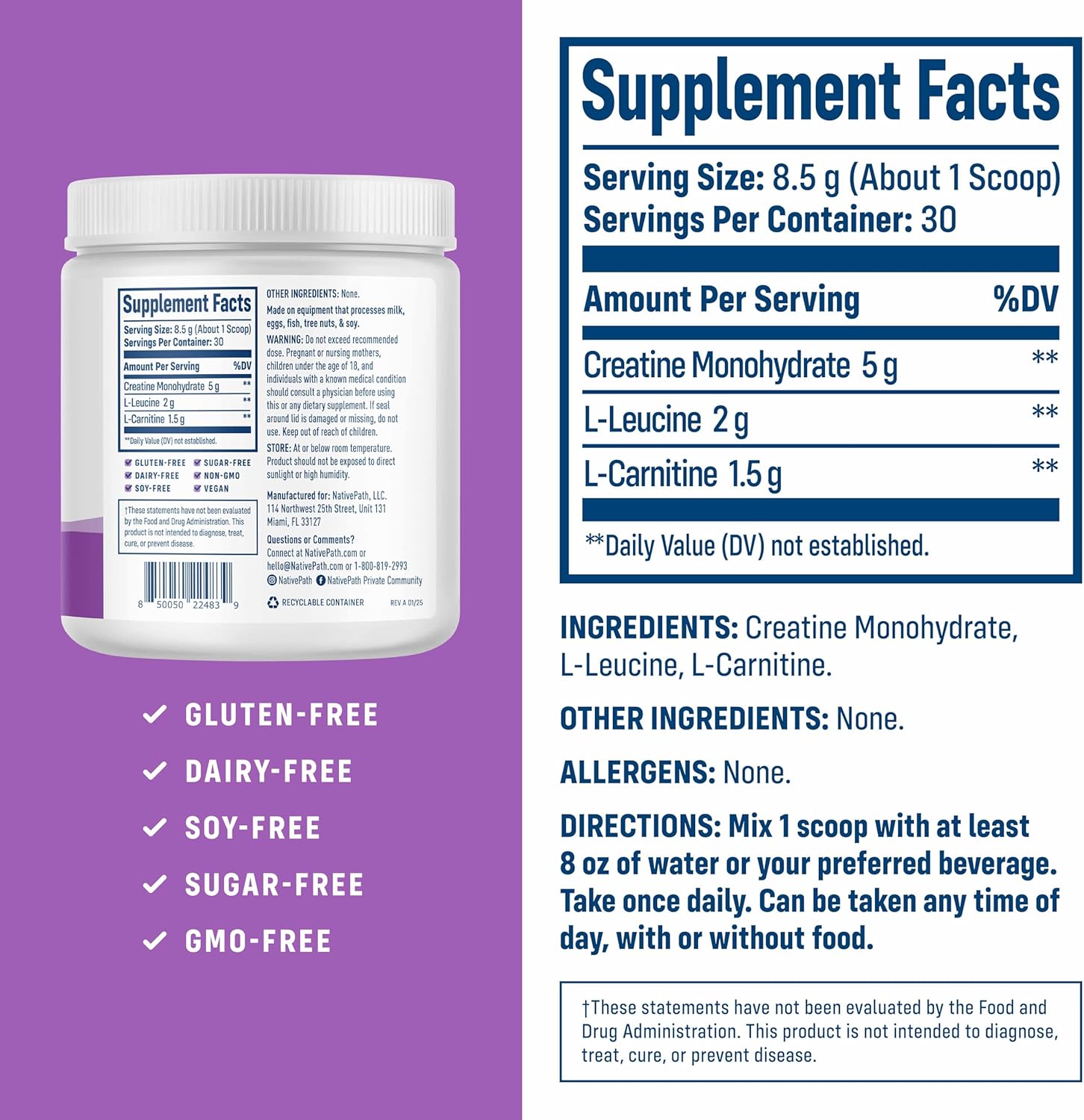 Detalle 1 de NativePath Creatine Monohydrate Powder, 30 Servings with L-Leucine and L-Carnitine
