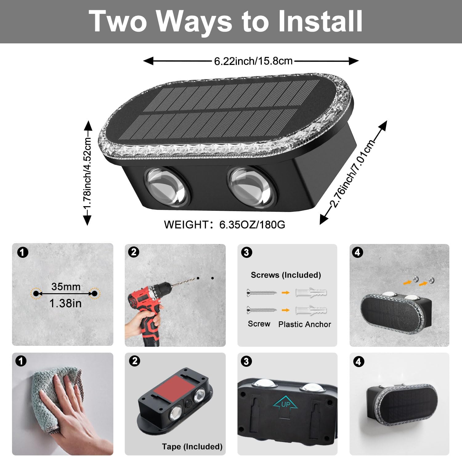 Thumbnail 5 de ELLASAY Solar Fence Lights Outdoor 2-Pack: Up and Down Garden Illumination with 4 LEDs and 3 Colour Modes