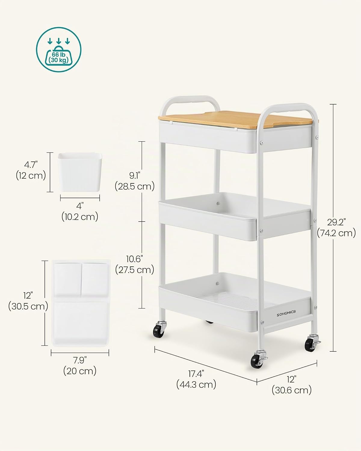 Detalle de SONGMICS LRC036W01 förvaringsvagn med bordsskiva, 3 nivåer och hjul