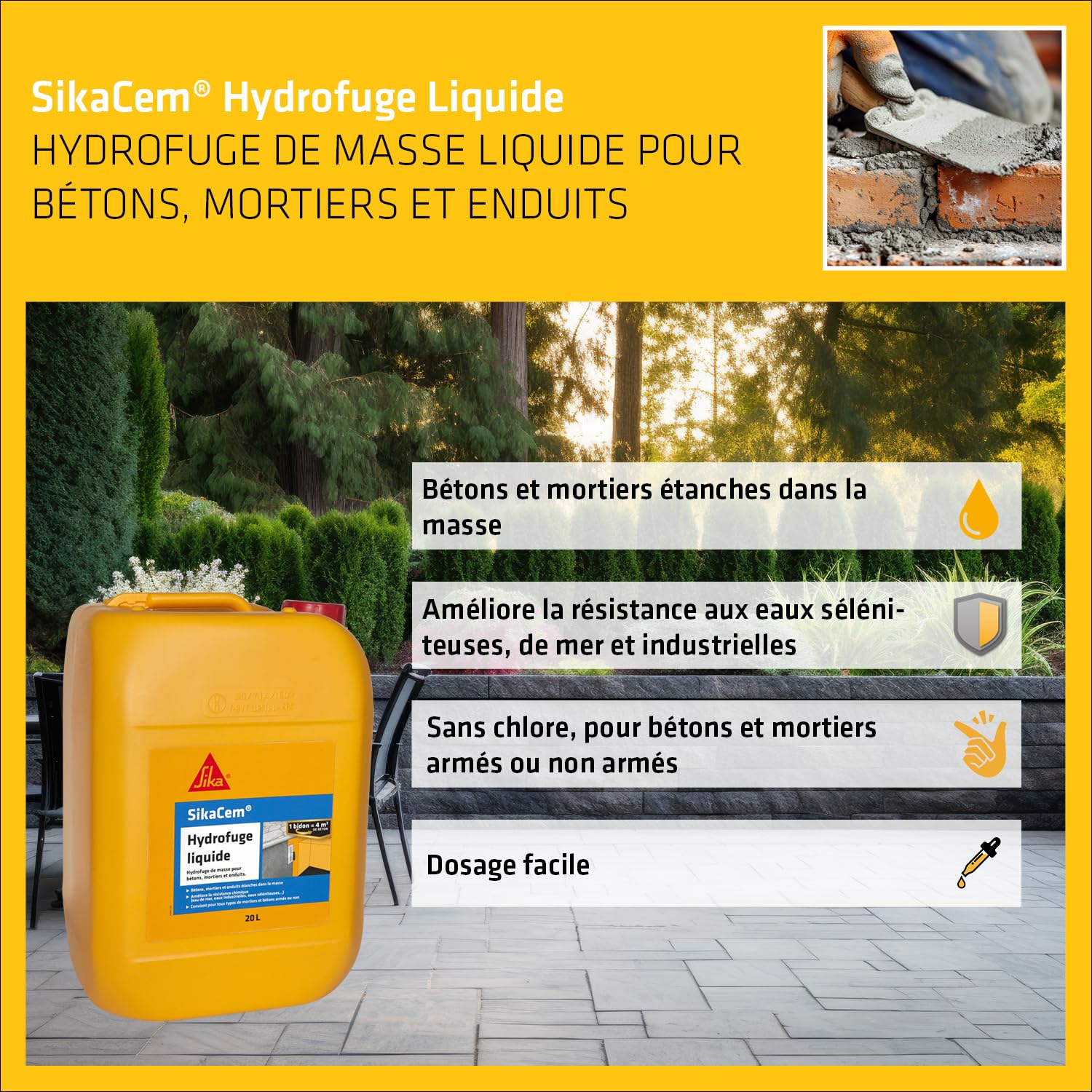 Detalle de SikaCem Blanc Hydrofuge de Masse Liquide 20 L – Bétons et mortiers étanches en masse