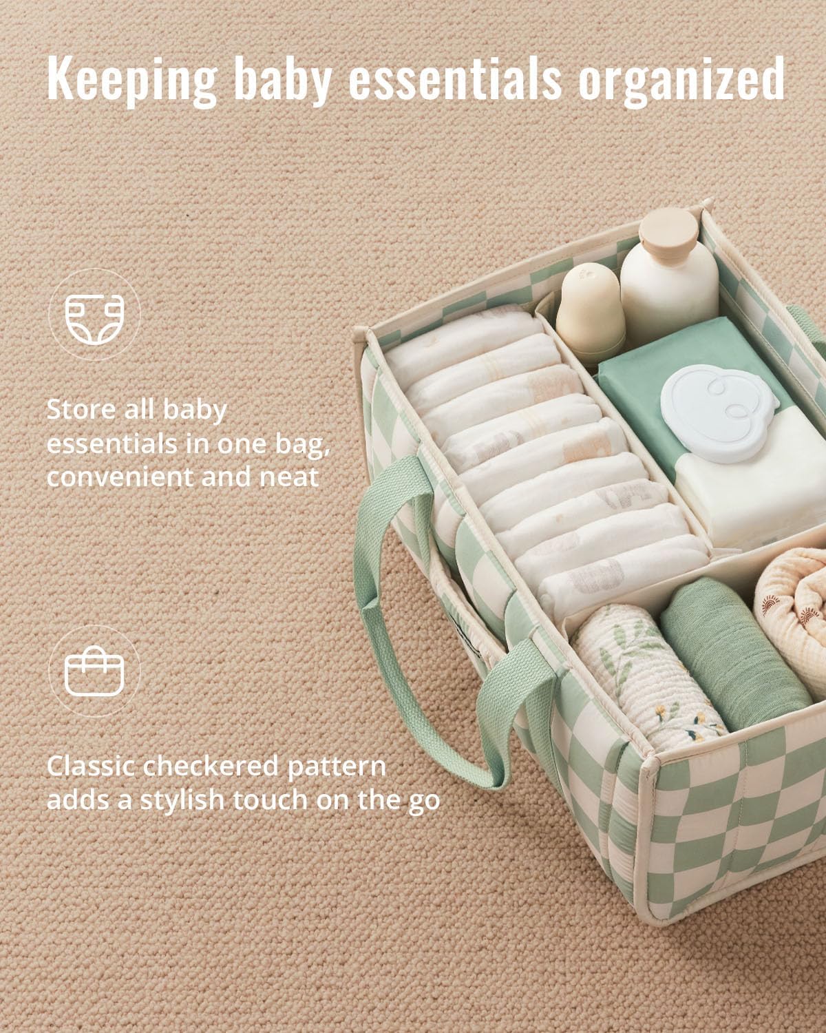 Thumbnail 1 de Blissful Diary Nappy Caddy Organiser in Sage Green Checkered