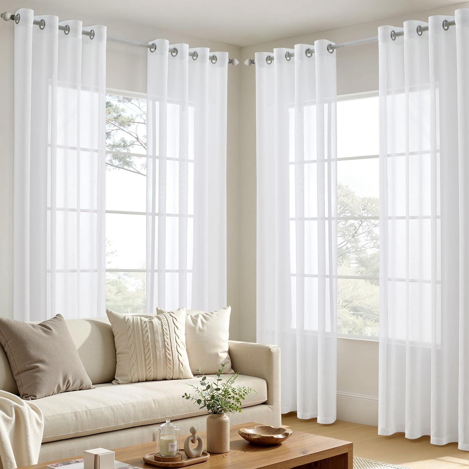Thumbnail 6 de EMEMA 4er-Set Sheer-Voile-Gardinen mit Ösen, transparent, 140 x 245 cm (B x H), Polyester – weiß