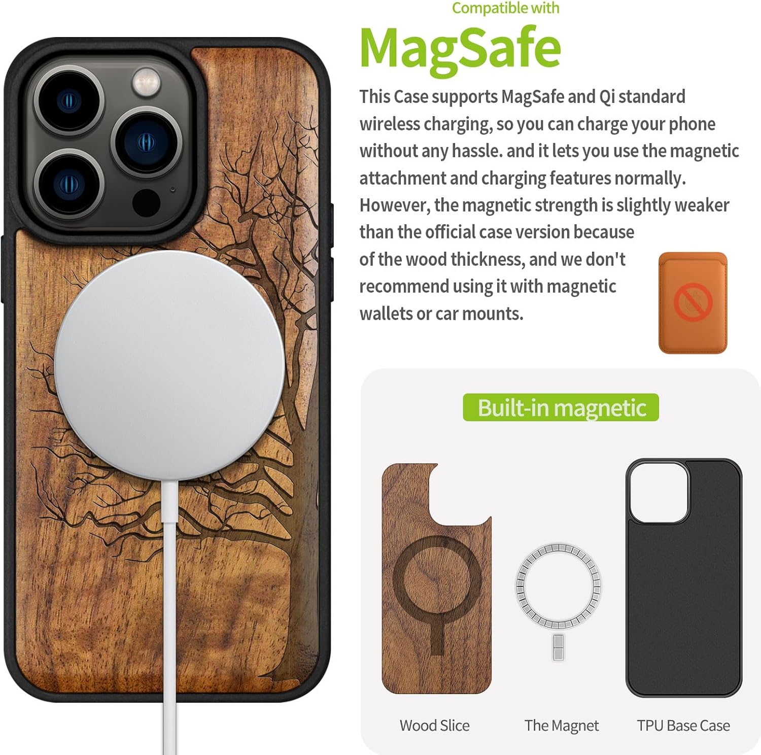 Thumbnail 4 de Carveit Magnetic Wood Case for iPhone 15 Pro — Walnut Solid Wood with Black Soft TPU, MagSafe Compatible