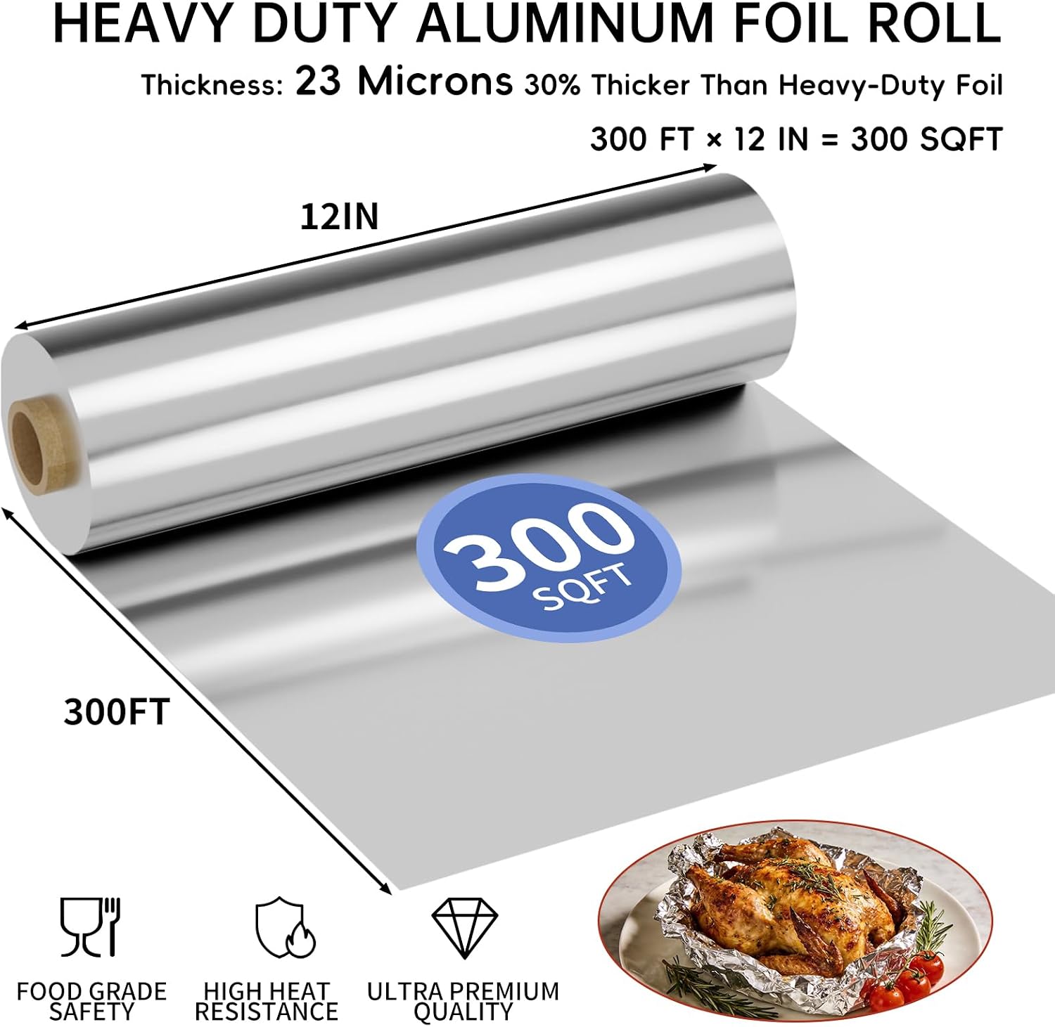 Detalle de 23 Micron Heavy Duty Aluminum Foil Roll 12" x 300 Sq Ft with Cutter Box