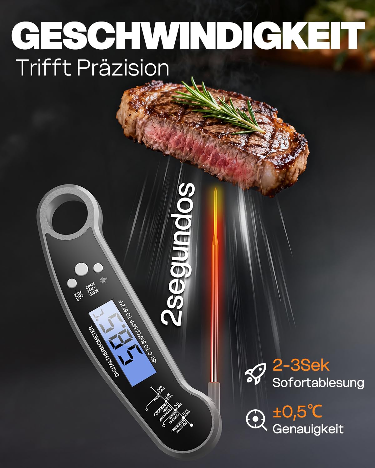 Thumbnail 2 de Digitales Fleischthermometer klappbar mit LCD-Backlight – Grill- und Bratenthermometer für Küche, Grillen & Backen