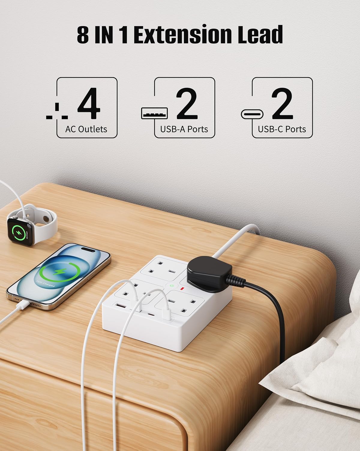 Thumbnail 1 de Extension Lead with USB Slots and 1.5m Cable (4 Way, 2 USB-C, 2 USB-A) with 900J Surge Protection