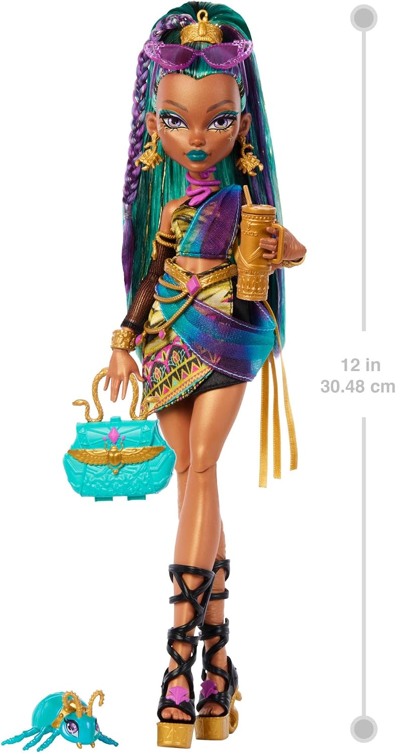 Detalle 2 de Monster High Nefera De Nile Puppe „Königsmumie“ im Kleid mit Haustier Lavish und 7 Zubehörteilen (JDR48)