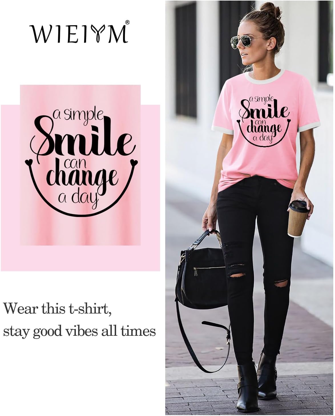 Detalle de WIEIYM Women Round Neck Short Sleeve T-Shirt – Smile Graphic Print Casual Tee