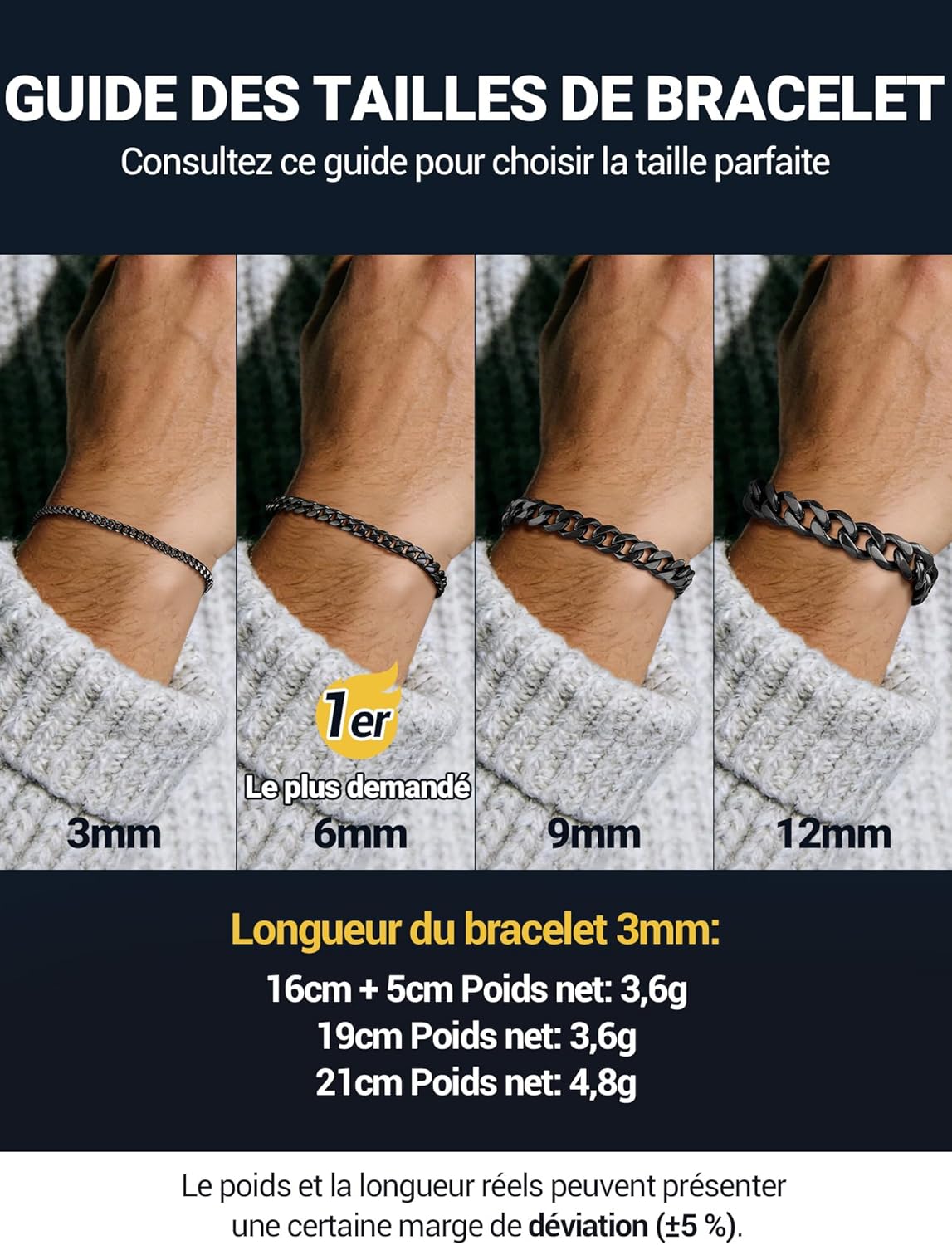 Thumbnail 4 de PROSTEEL Gourmette cubaine en acier inox 316L (maillons cubains) largeur au choix, bracelet homme femme