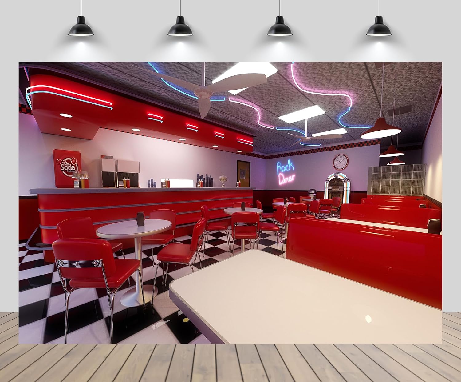 CHNBGPRO 1.5m x 1m American Restaurant Backdrop: Retro 50s Diner Red Interior
